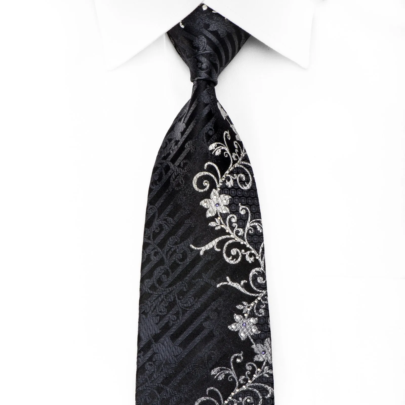 Indian Homme Mens Rhinestone Tie Silver Floral On Black Silk With Silver Sparkles