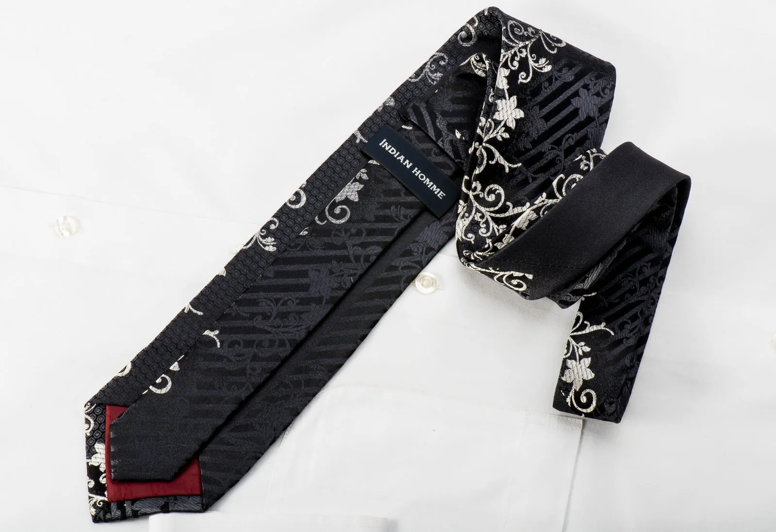 Indian Homme Mens Rhinestone Tie Silver Floral On Black Silk With Silver Sparkles