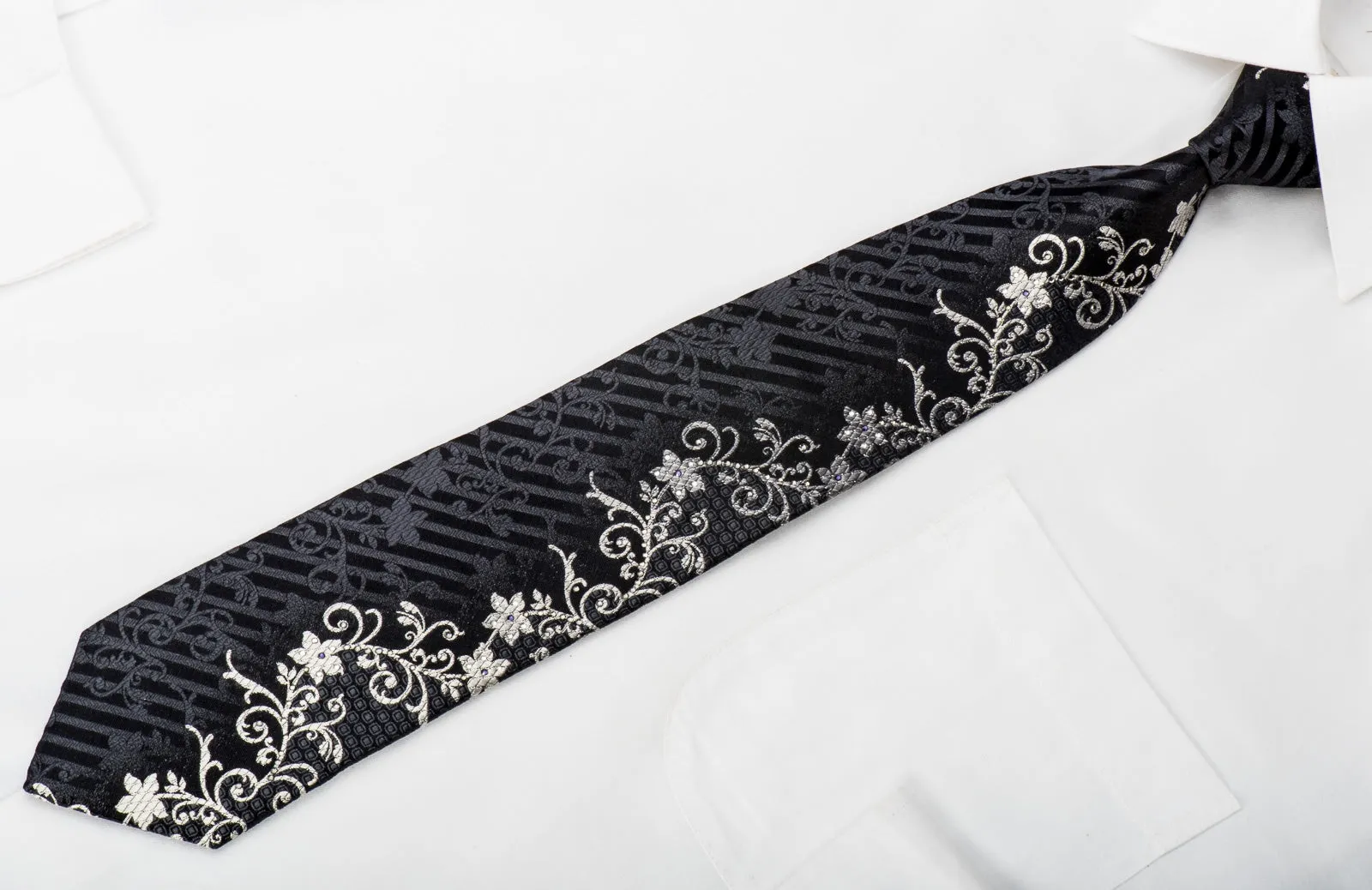 Indian Homme Mens Rhinestone Tie Silver Floral On Black Silk With Silver Sparkles