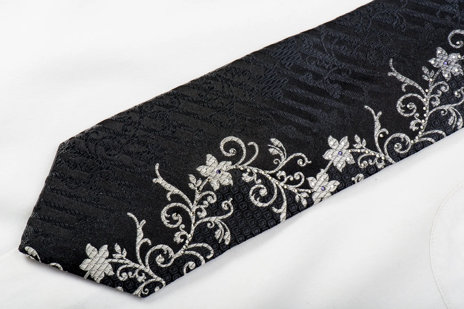 Indian Homme Mens Rhinestone Tie Silver Floral On Black Silk With Silver Sparkles