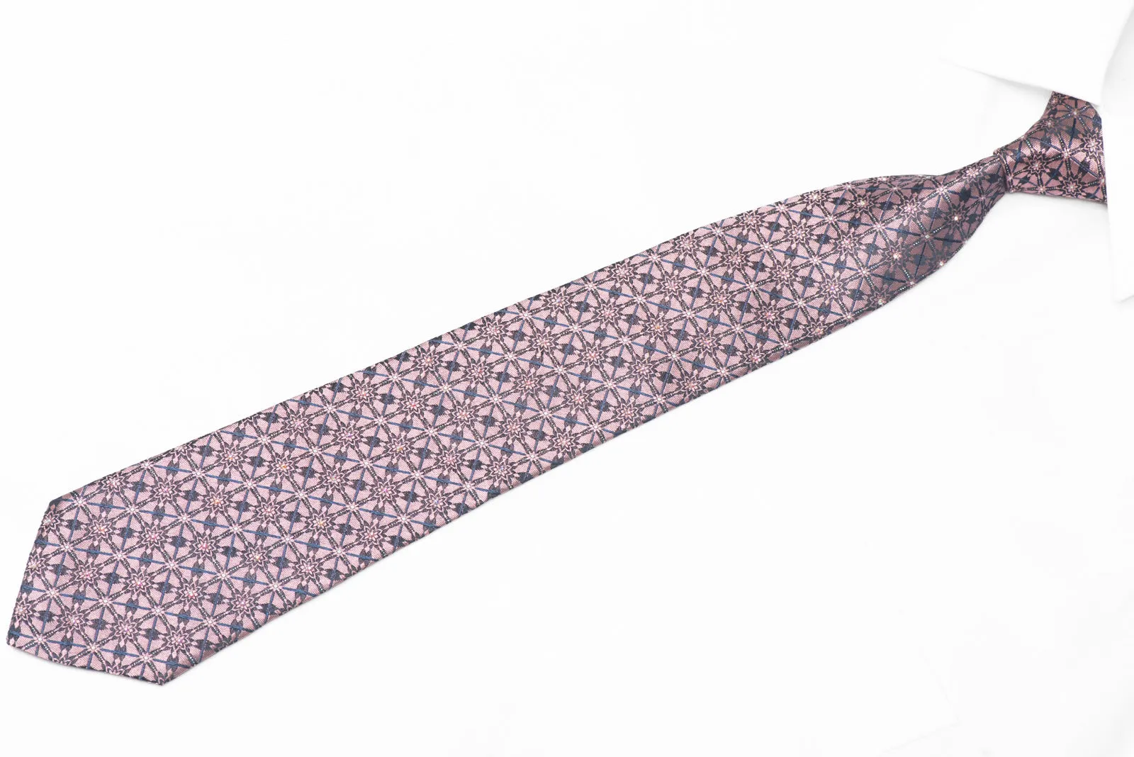 Mauve Geometric On Navy Blue Rhinestone Silk Necktie With Silver Sparkles