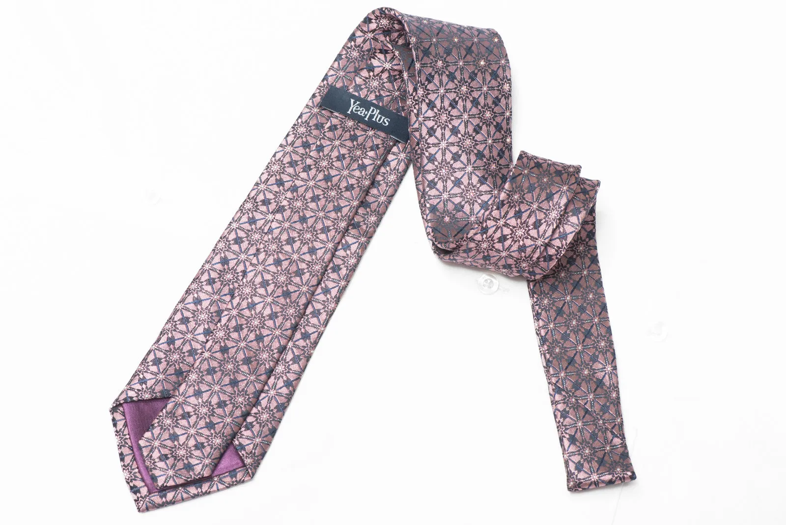 Mauve Geometric On Navy Blue Rhinestone Silk Necktie With Silver Sparkles