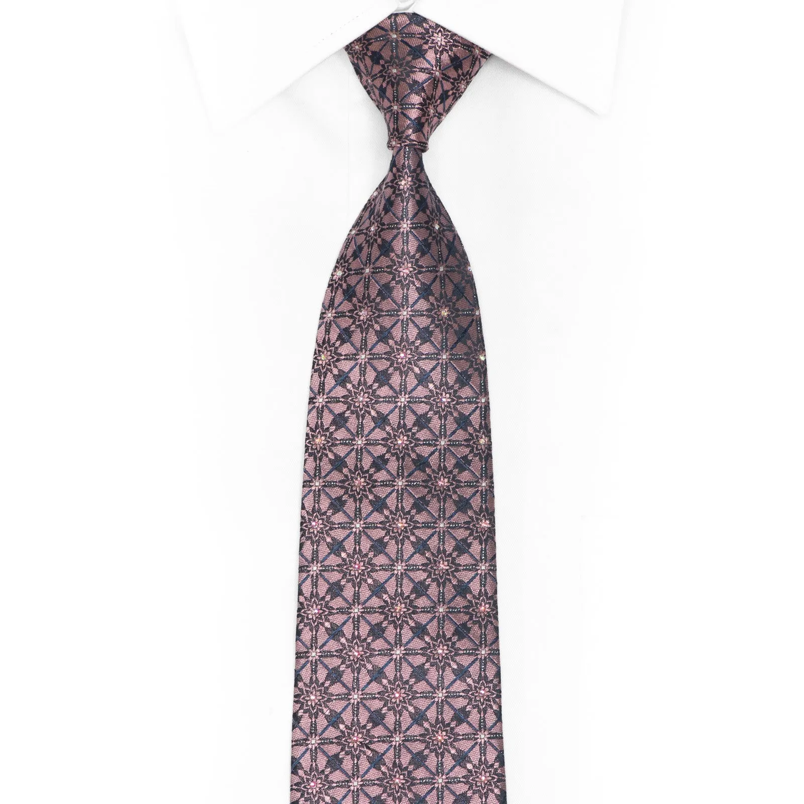 Mauve Geometric On Navy Blue Rhinestone Silk Necktie With Silver Sparkles