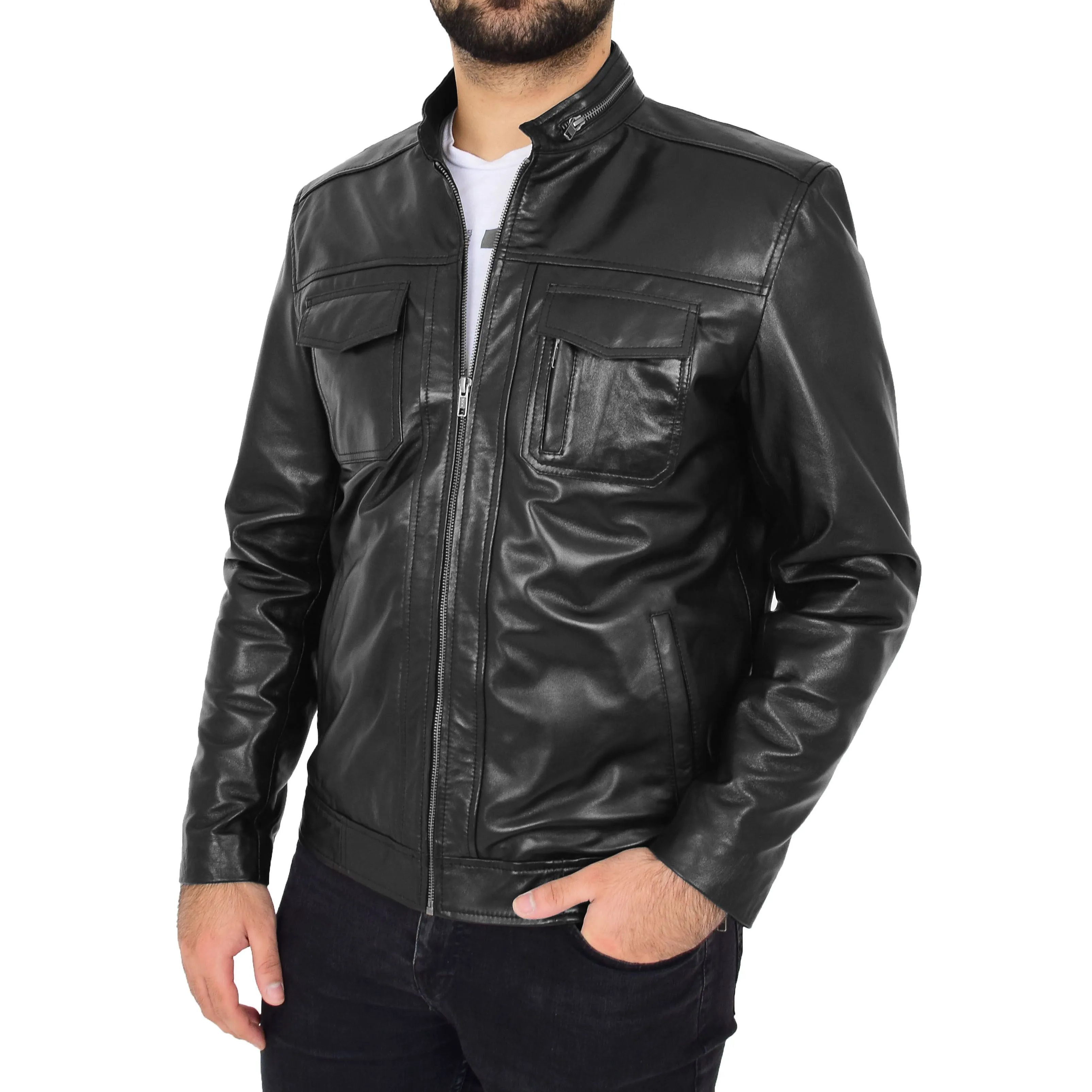 Mens Biker Leather Jacket Black Soft Nappa Fitted Standing Collar Tats