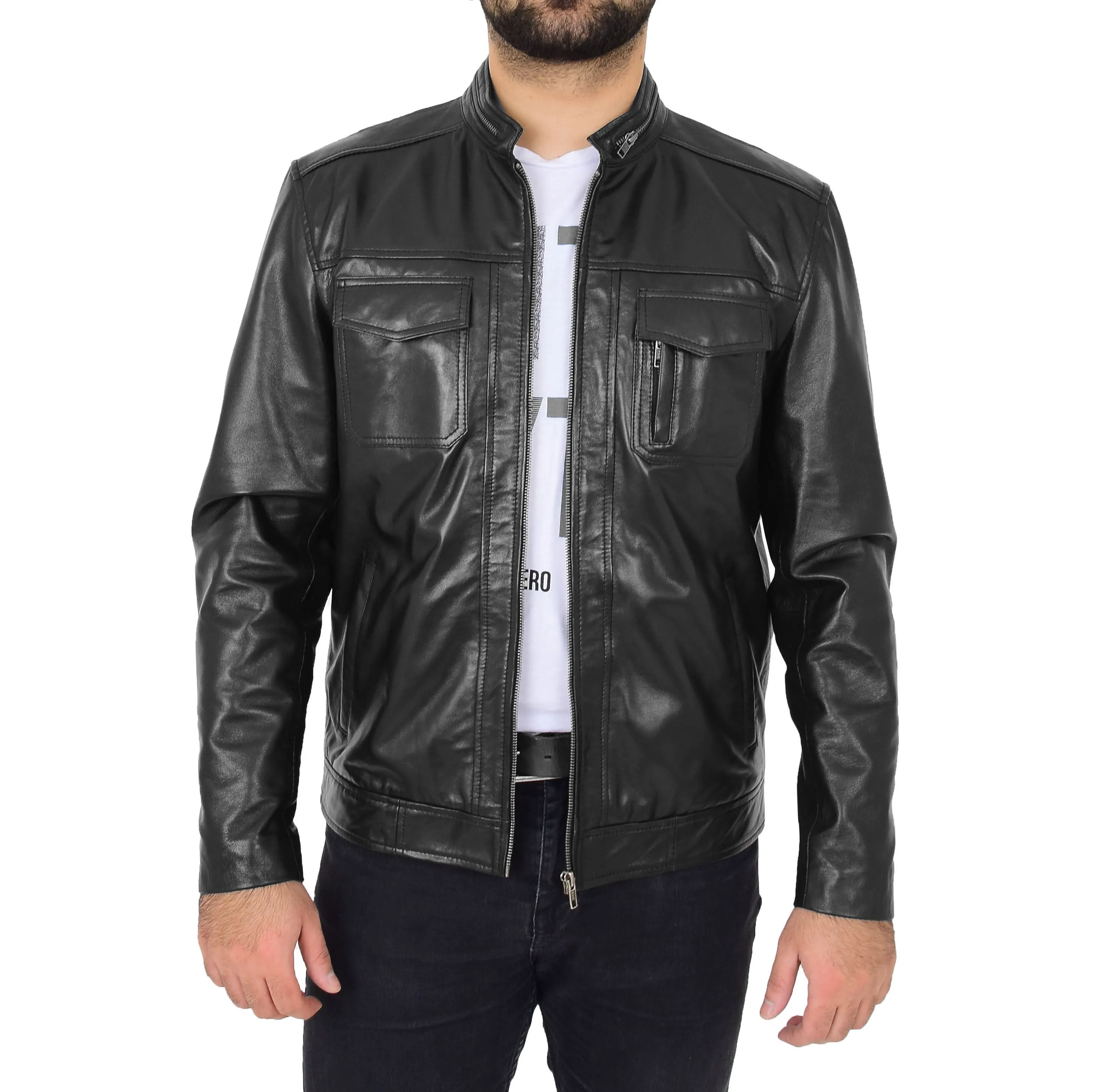 Mens Biker Leather Jacket Black Soft Nappa Fitted Standing Collar Tats