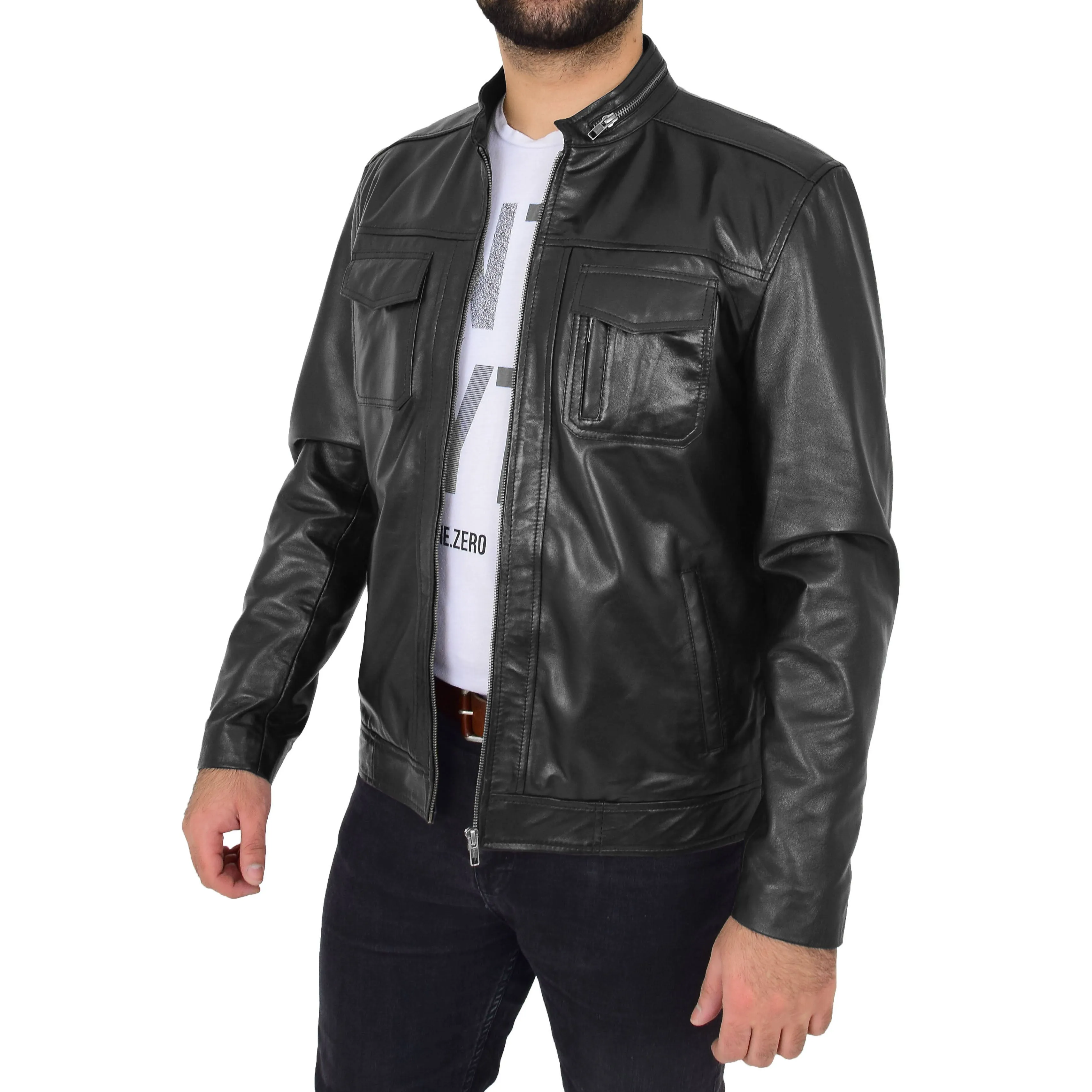Mens Biker Leather Jacket Black Soft Nappa Fitted Standing Collar Tats