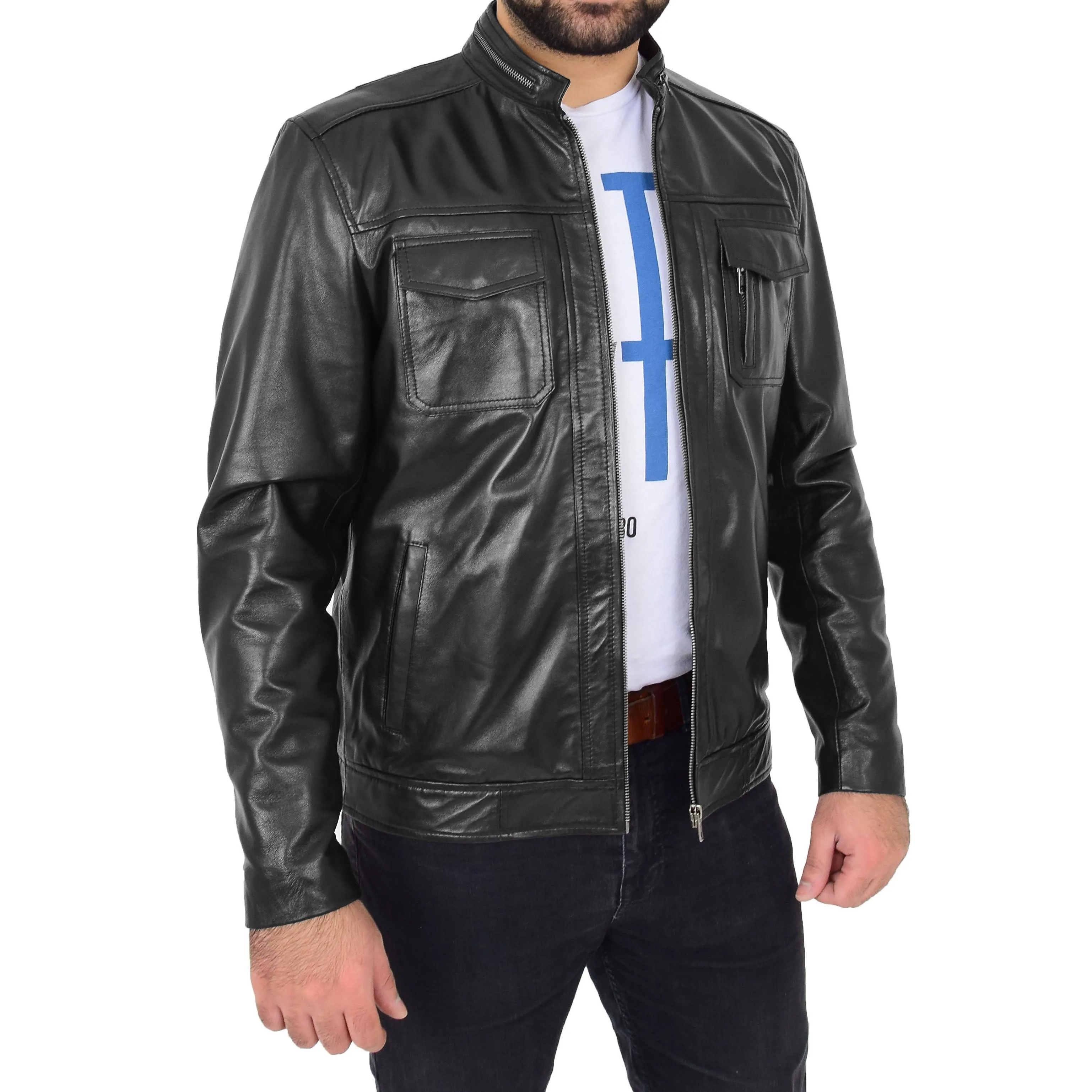 Mens Biker Leather Jacket Black Soft Nappa Fitted Standing Collar Tats