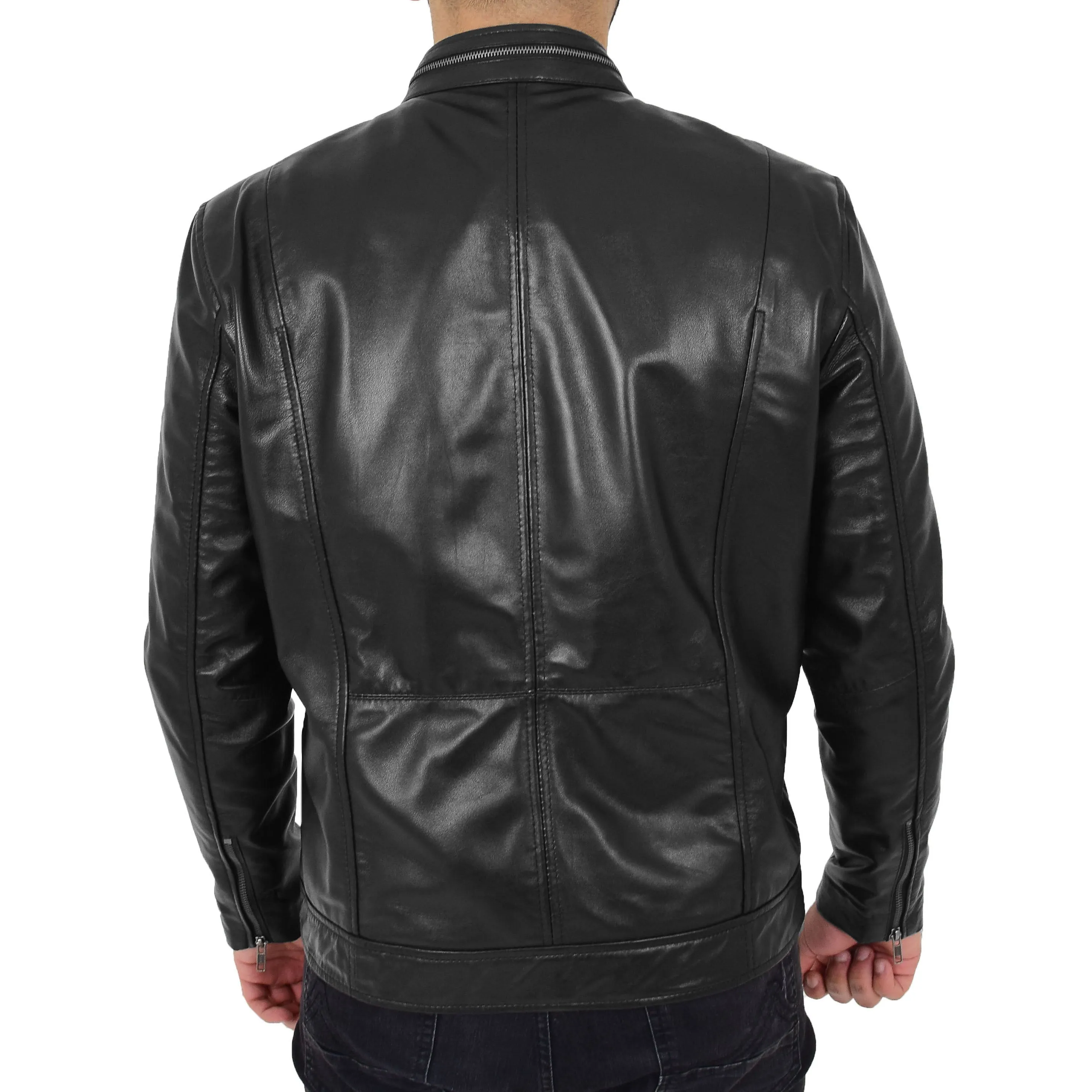 Mens Biker Leather Jacket Black Soft Nappa Fitted Standing Collar Tats