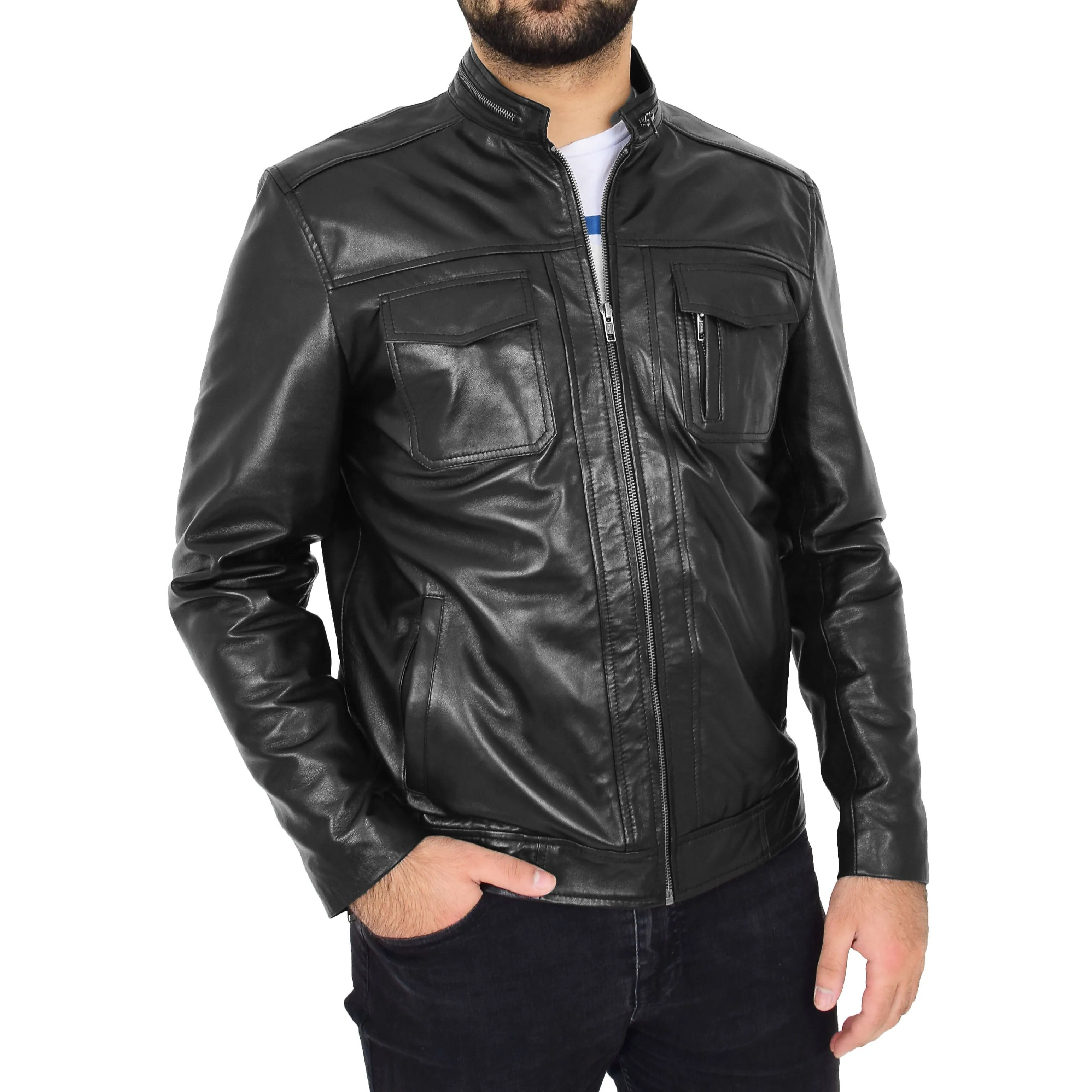 Mens Biker Leather Jacket Black Soft Nappa Fitted Standing Collar Tats
