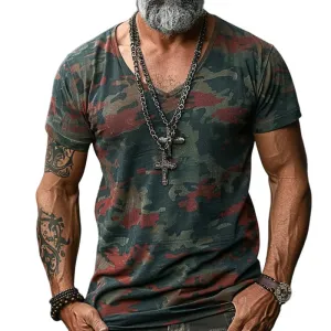 Men's Camouflage Print V-Neck Short Sleeve T-Shirt 63751502Y