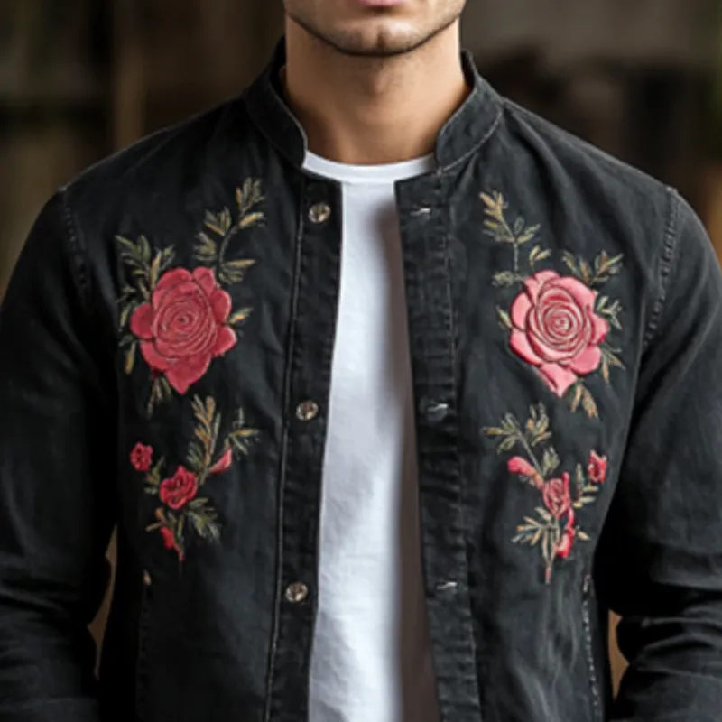 Men's Classic Casual Embroidered Denim Stand Collar Jacket 77310317K