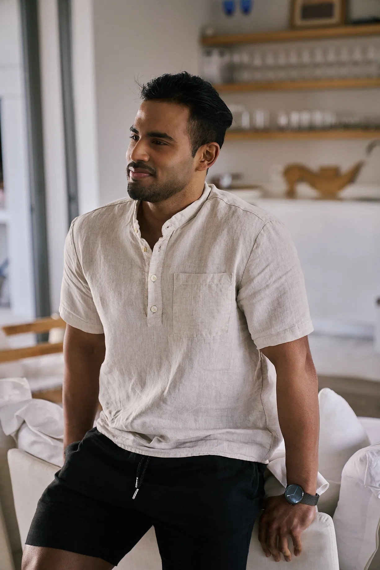 Mens Mandarin Short Shirt | Natural