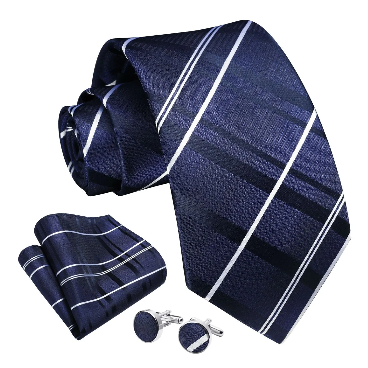 Men's Plaid Tie Handkerchief Cufflinks - B04-NAVY BLUE