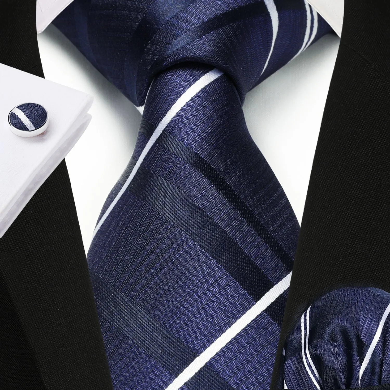 Men's Plaid Tie Handkerchief Cufflinks - B04-NAVY BLUE