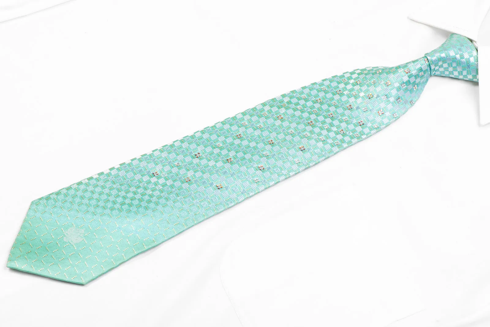 Mint Green Checkered Rhinestone Tie With Gold Sparkles