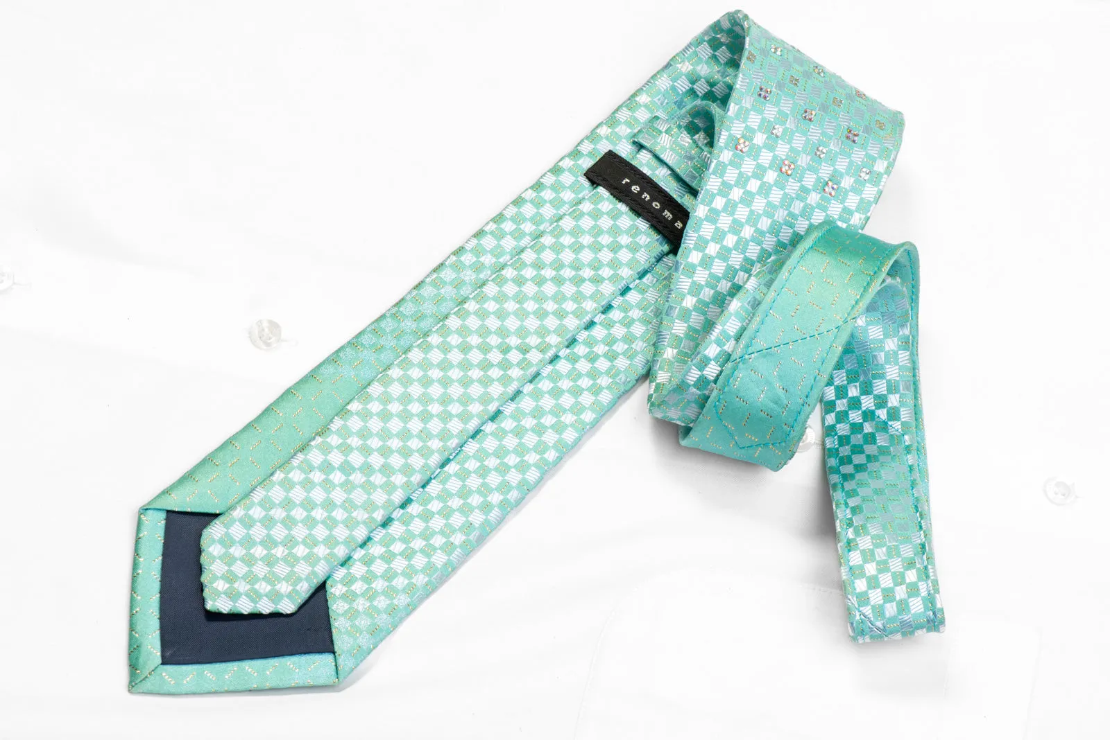 Mint Green Checkered Rhinestone Tie With Gold Sparkles
