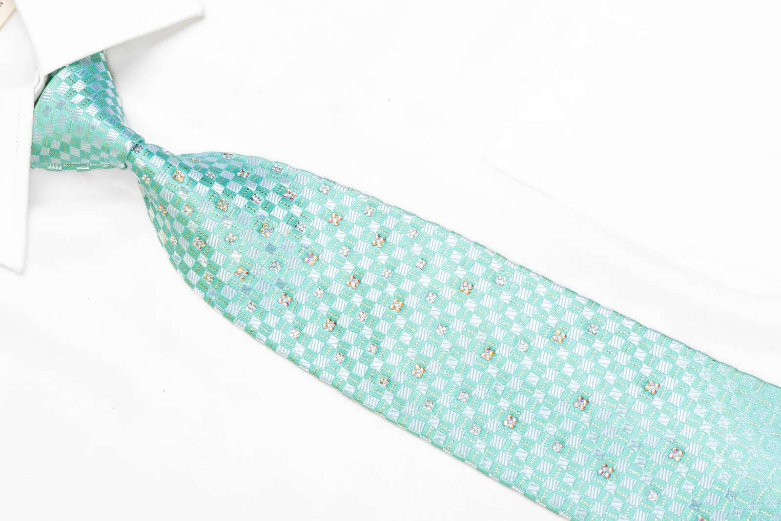 Mint Green Checkered Rhinestone Tie With Gold Sparkles