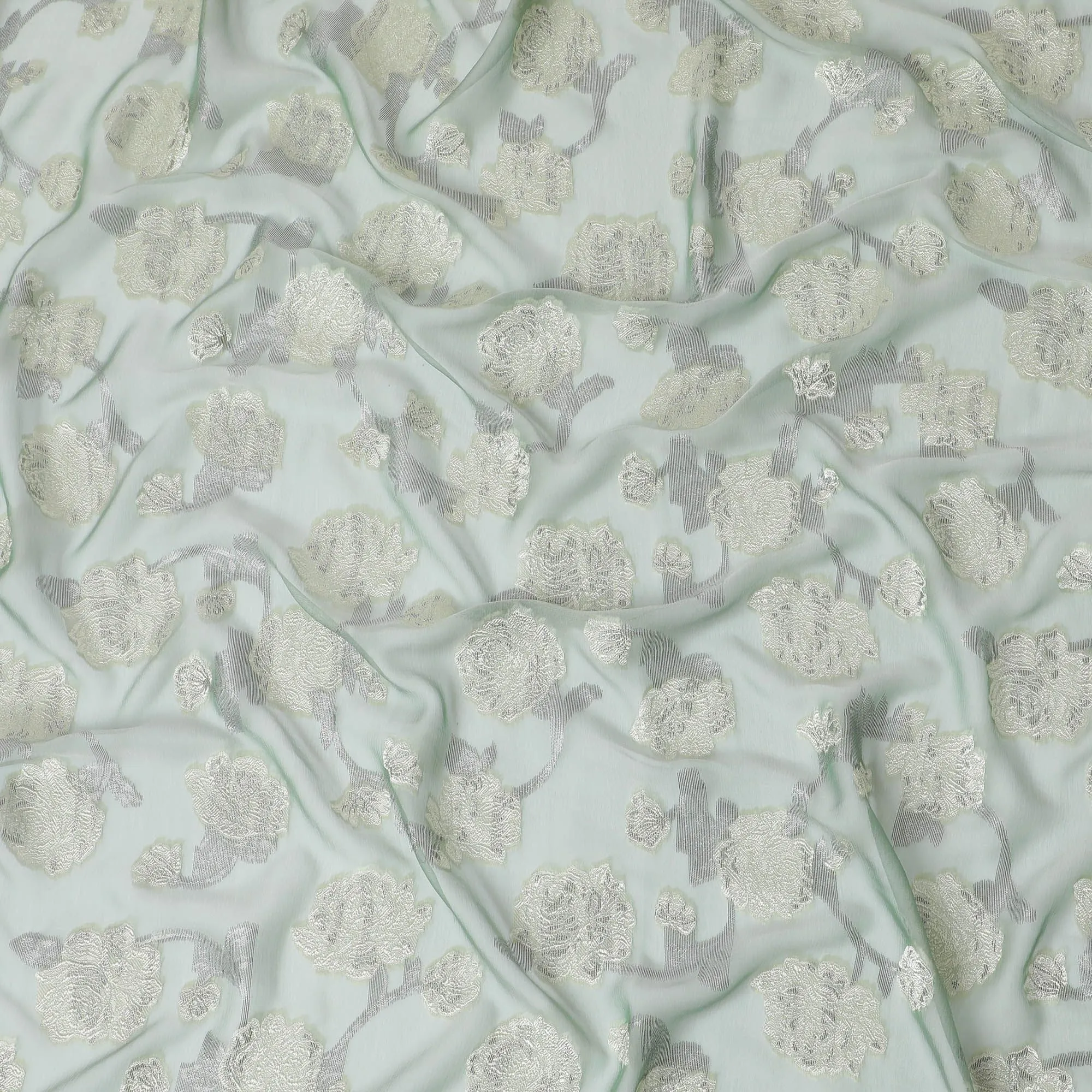 Mint Whisper Embroidered Silk Chiffon Garbasaar Fabric, 110 cm Wide â€“ French Couture Elegance- Piece of 2.0 Mtrs-D18681