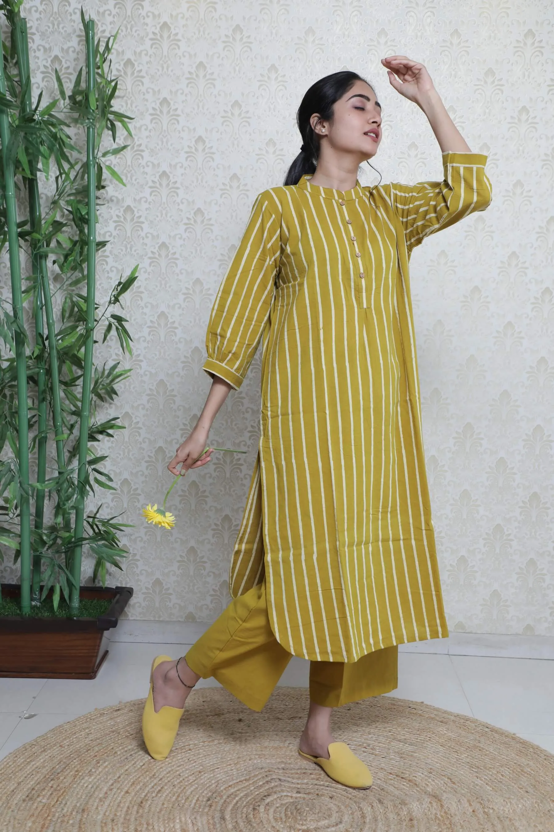 Mustard Yellow Stripes Kurta & Plain Palazzo for Women