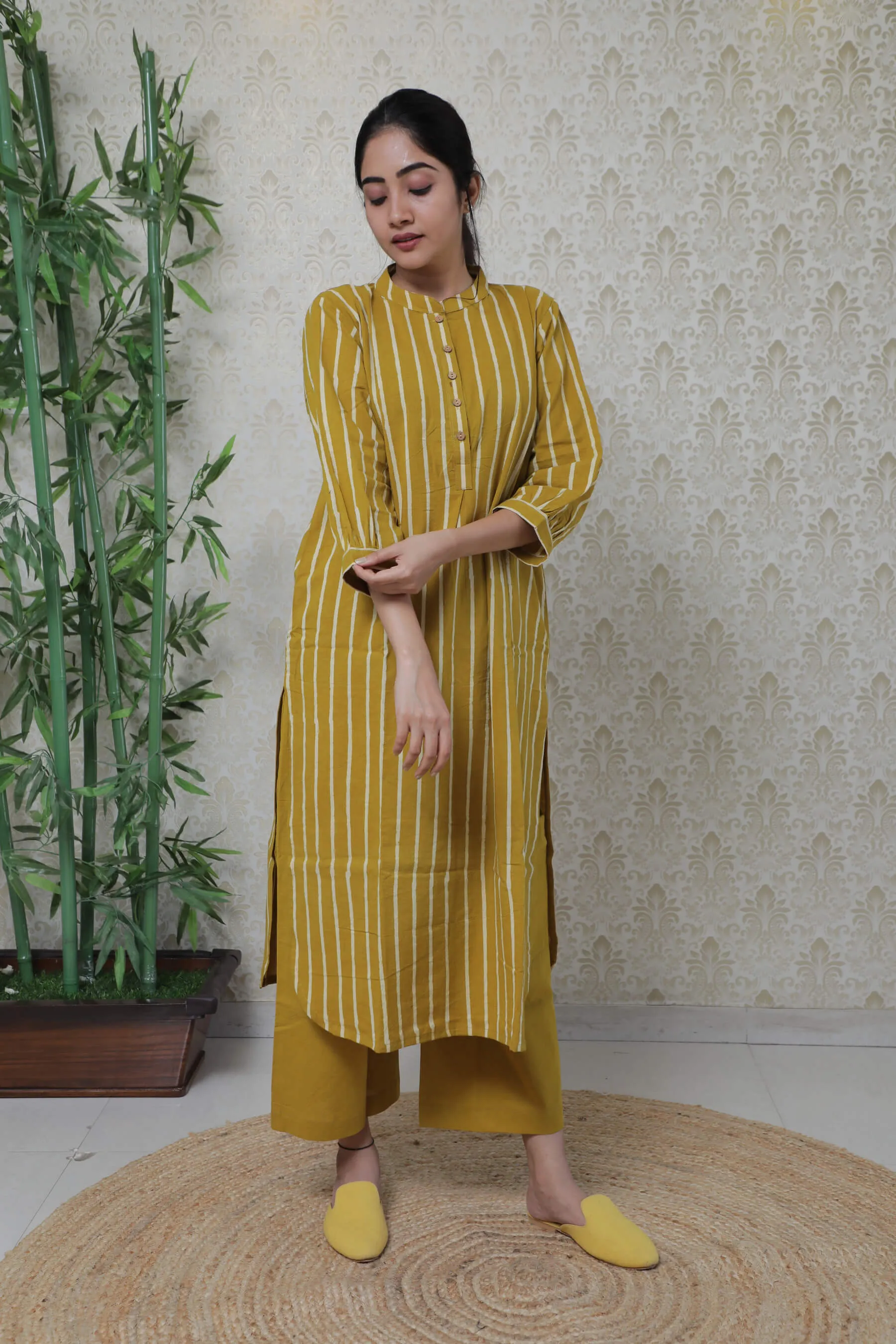 Mustard Yellow Stripes Kurta & Plain Palazzo for Women