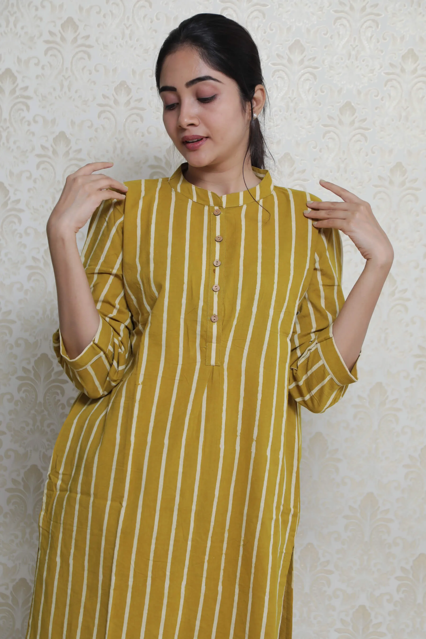 Mustard Yellow Stripes Kurta & Plain Palazzo for Women