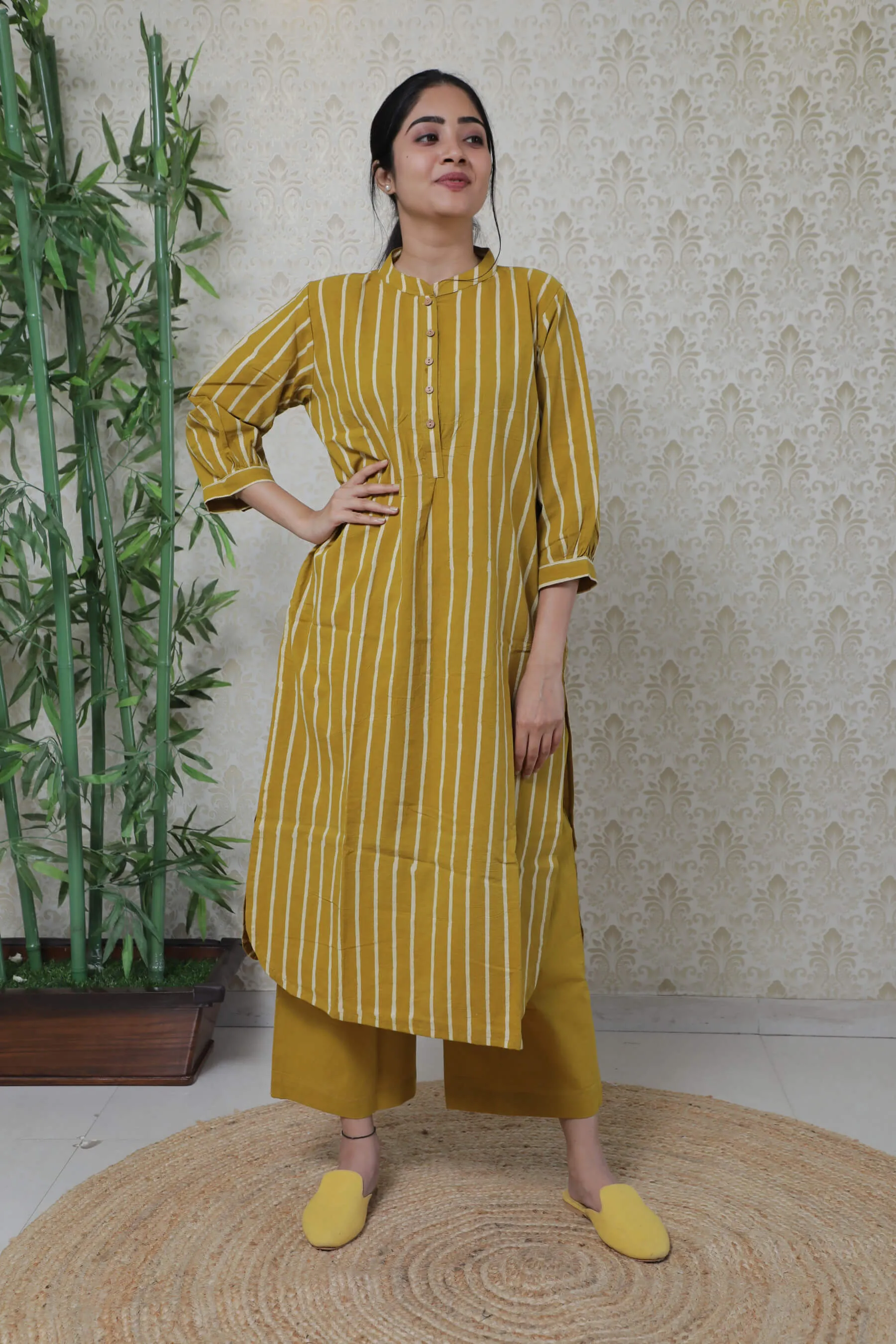Mustard Yellow Stripes Kurta & Plain Palazzo for Women