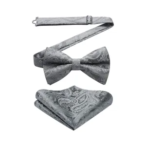 Paisley Pre-Tied Bow Tie & Pocket Square - GRAY-1