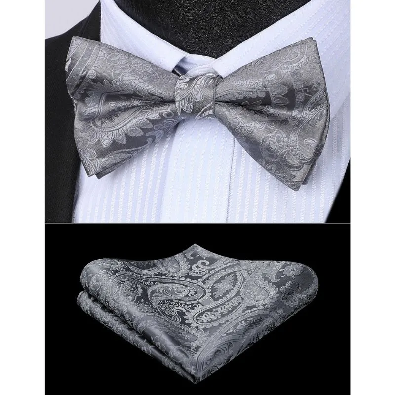 Paisley Pre-Tied Bow Tie & Pocket Square - GRAY-1