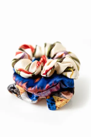 Printed Silk Hair Scrunchies   Set of 3 Blue Multi