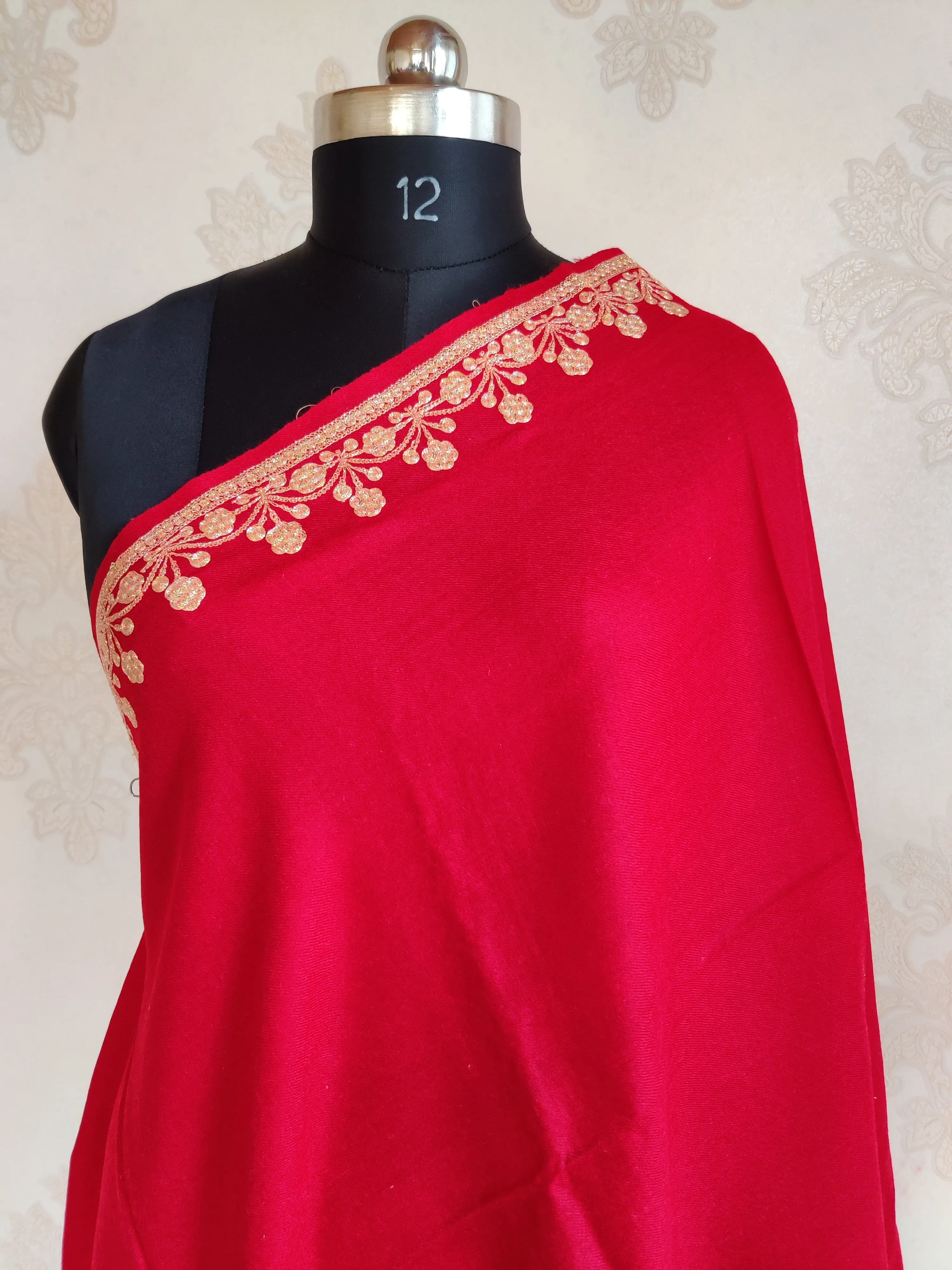 Radiant Tilla-Embroidered Red Merino Wool Scarf