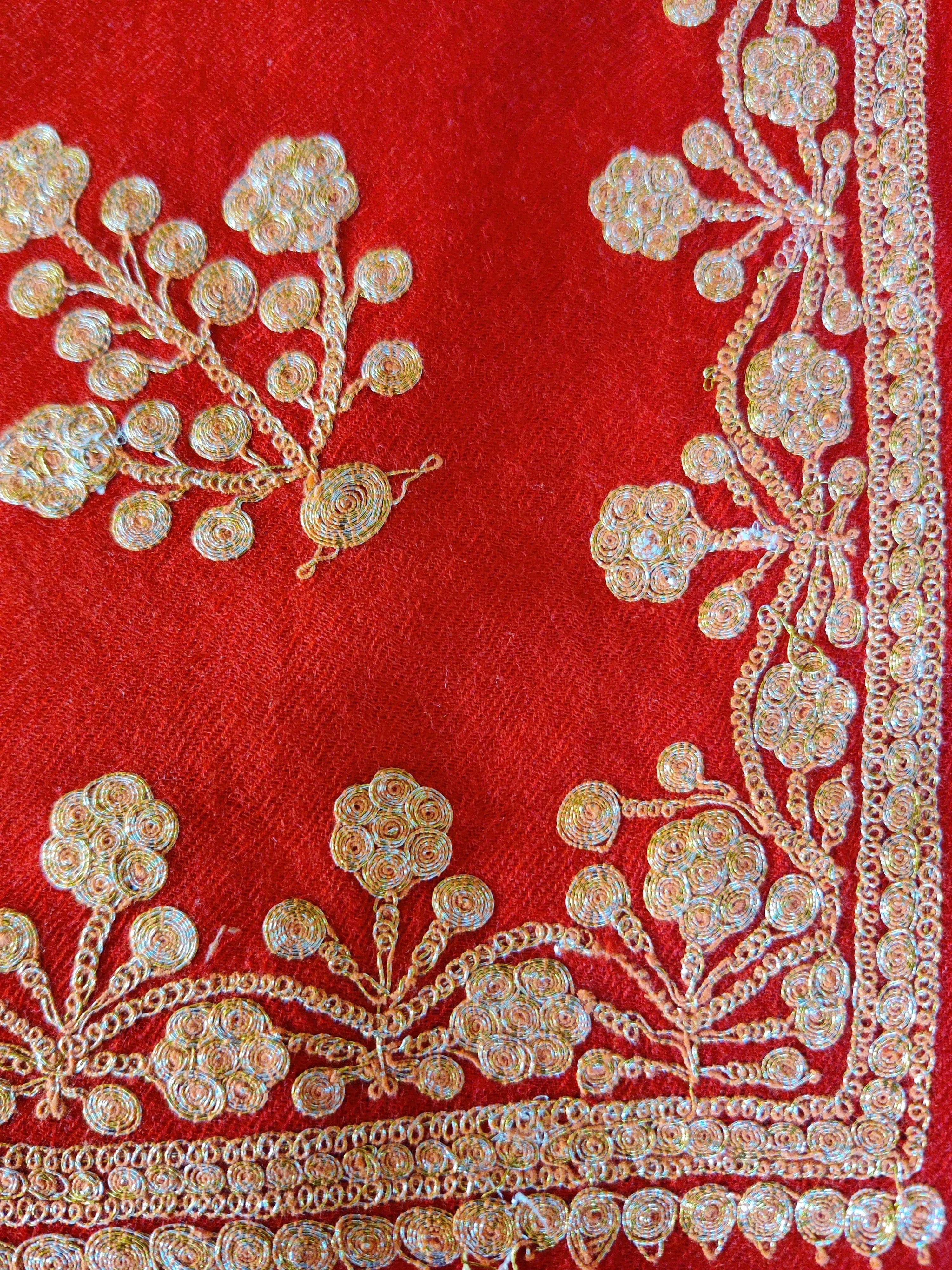 Radiant Tilla-Embroidered Red Merino Wool Scarf