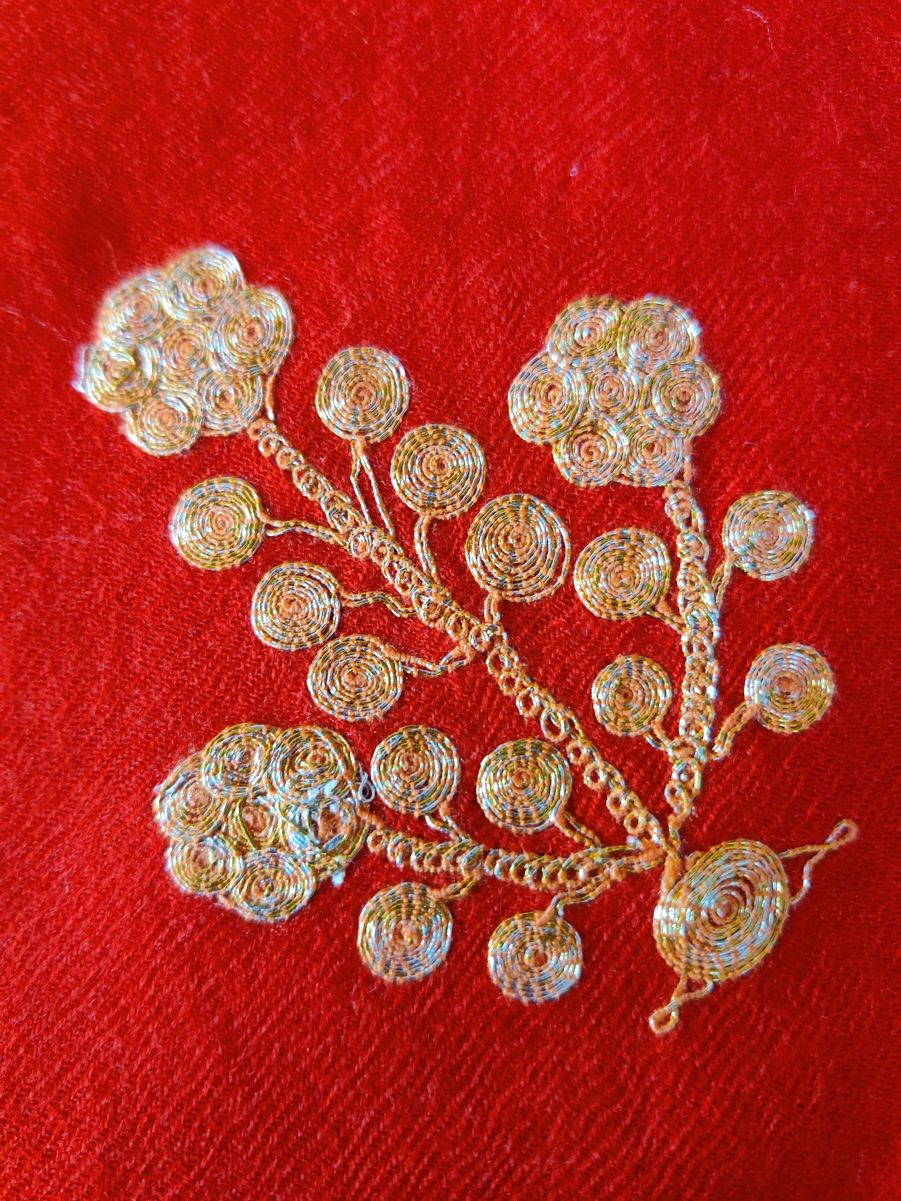 Radiant Tilla-Embroidered Red Merino Wool Scarf