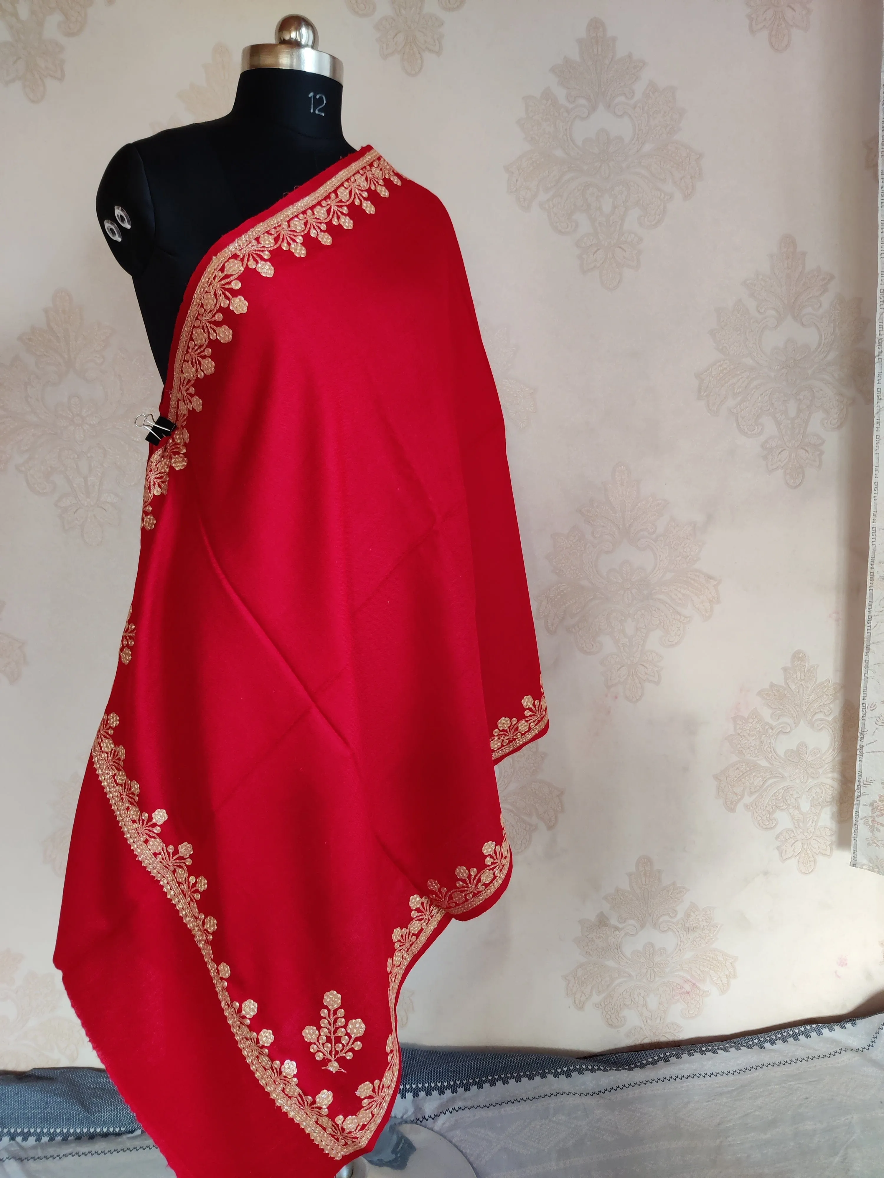 Radiant Tilla-Embroidered Red Merino Wool Scarf