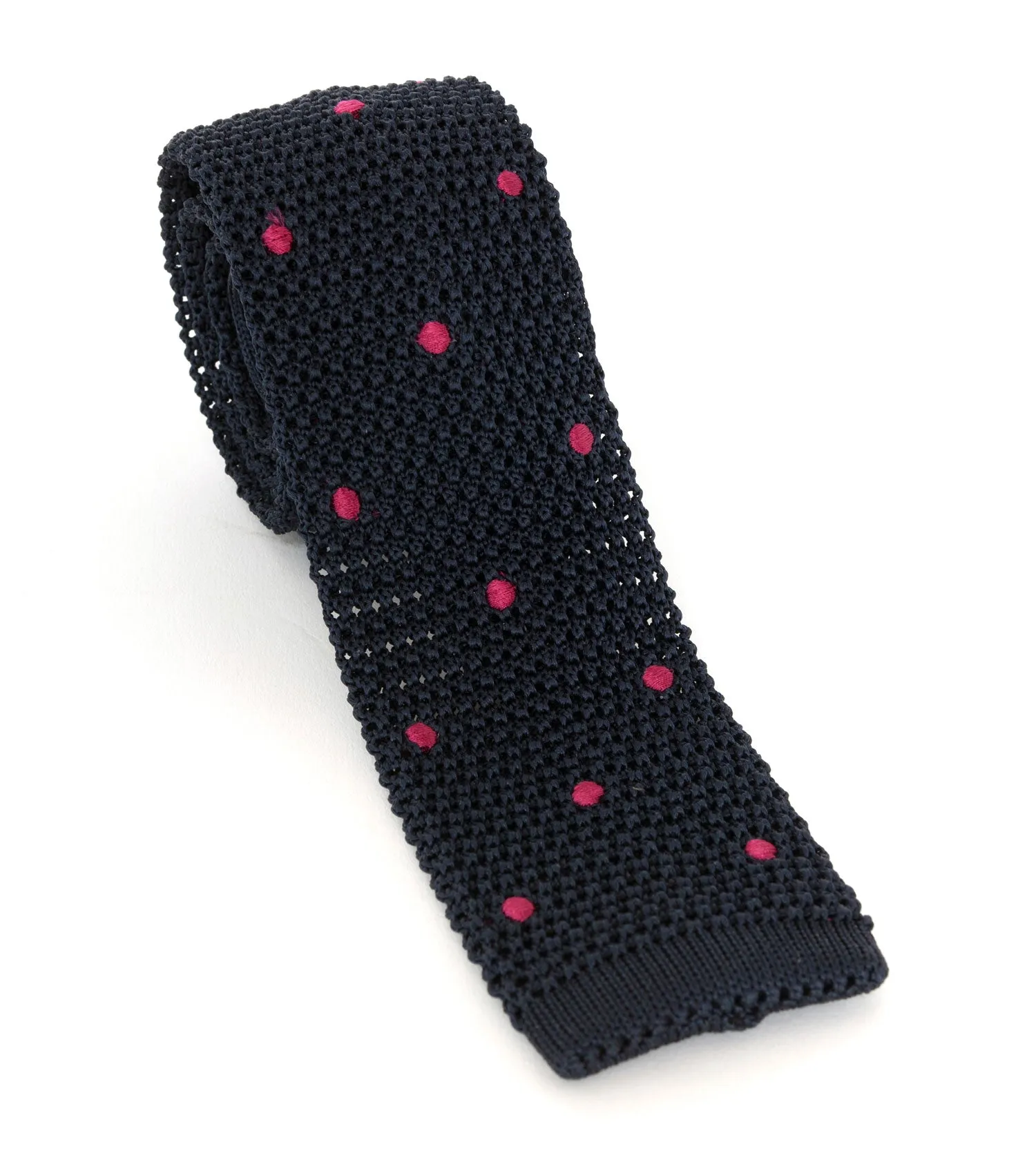 Regent - Knitted Silk Tie - Navy with Raspberry Spot