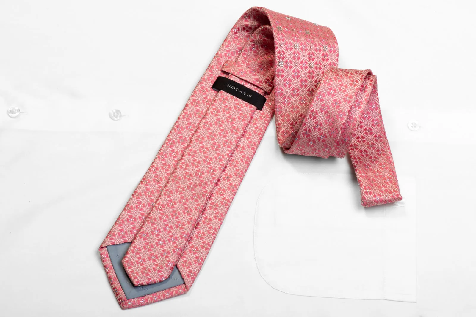 Rogatis Rhinestone Silk Necktie Geometric On Pink With Sparkles