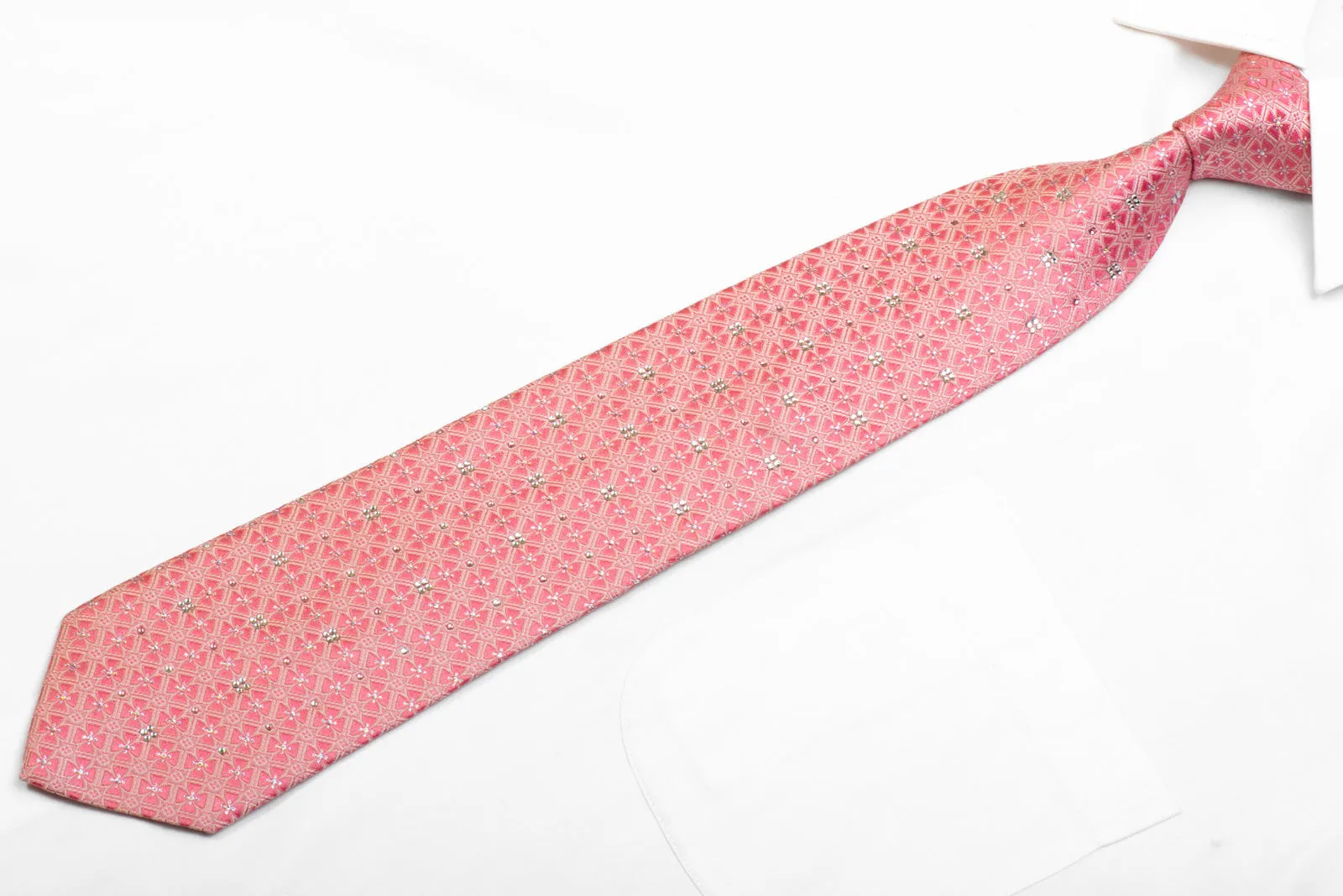 Rogatis Rhinestone Silk Necktie Geometric On Pink With Sparkles