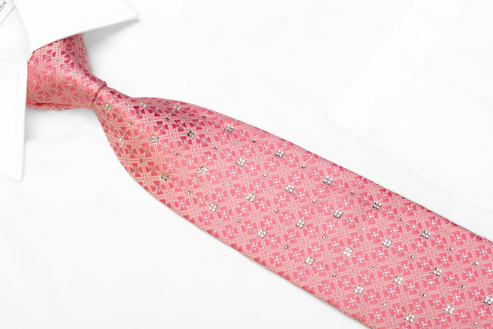 Rogatis Rhinestone Silk Necktie Geometric On Pink With Sparkles
