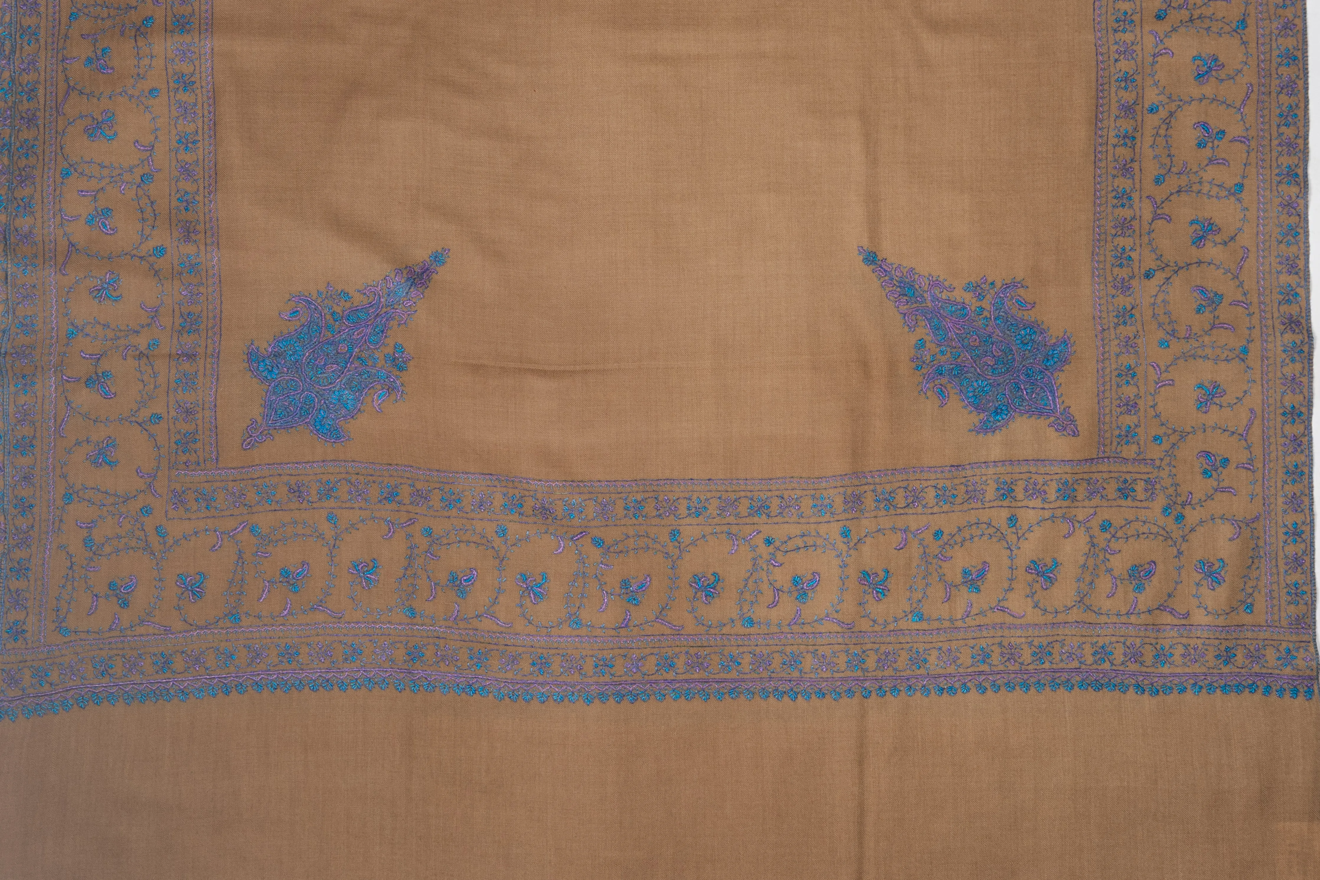 Royal Heritage: Hand-Embroidered Sozni Border Merino Wool Shawl in Caramel