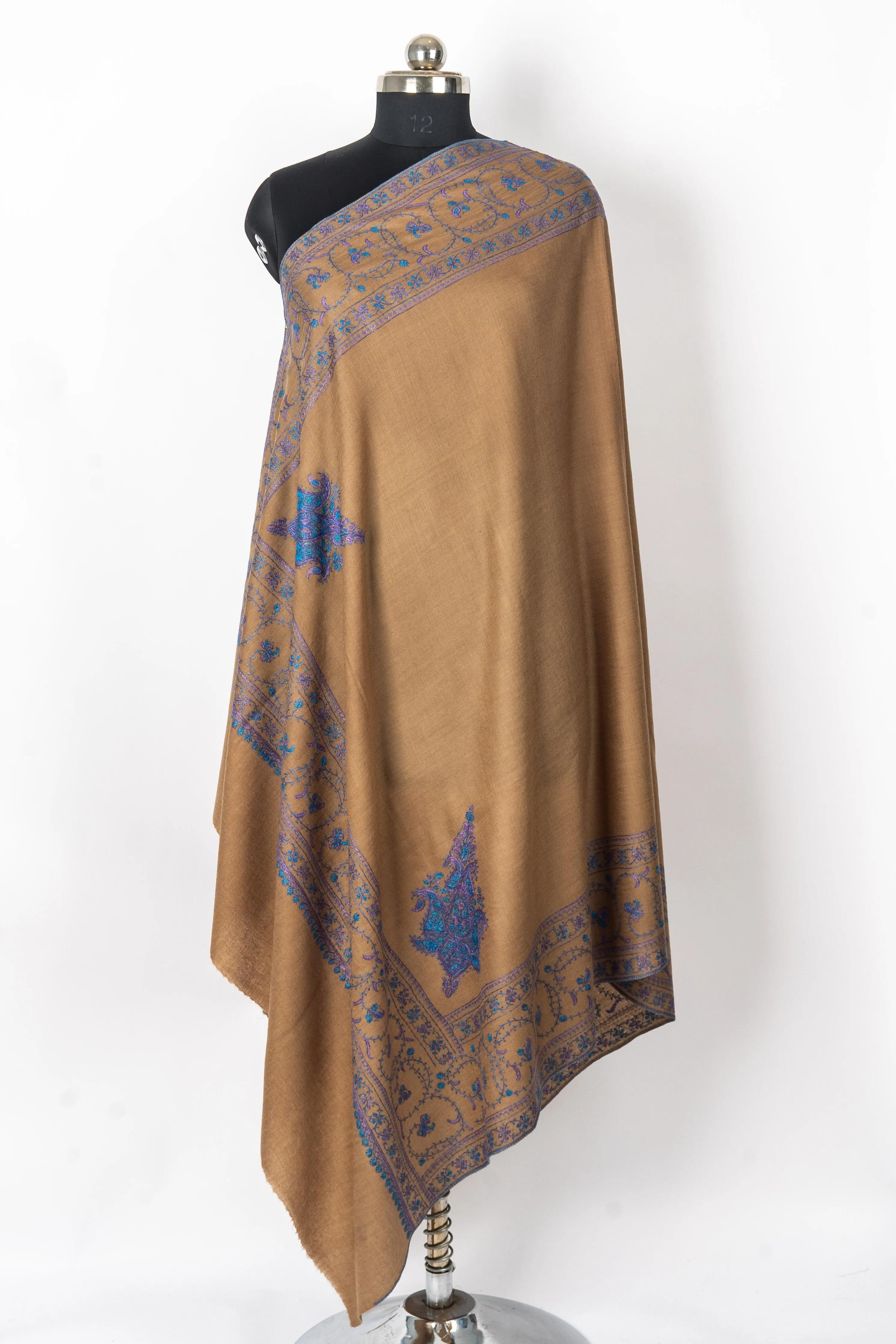 Royal Heritage: Hand-Embroidered Sozni Border Merino Wool Shawl in Caramel