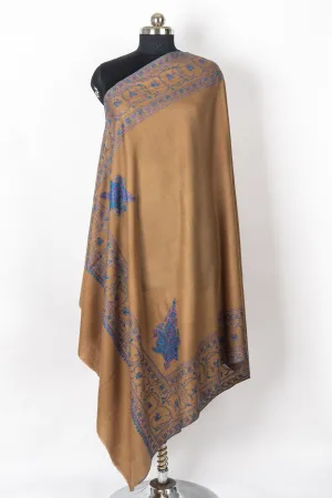 Royal Heritage: Hand-Embroidered Sozni Border Merino Wool Shawl in Caramel