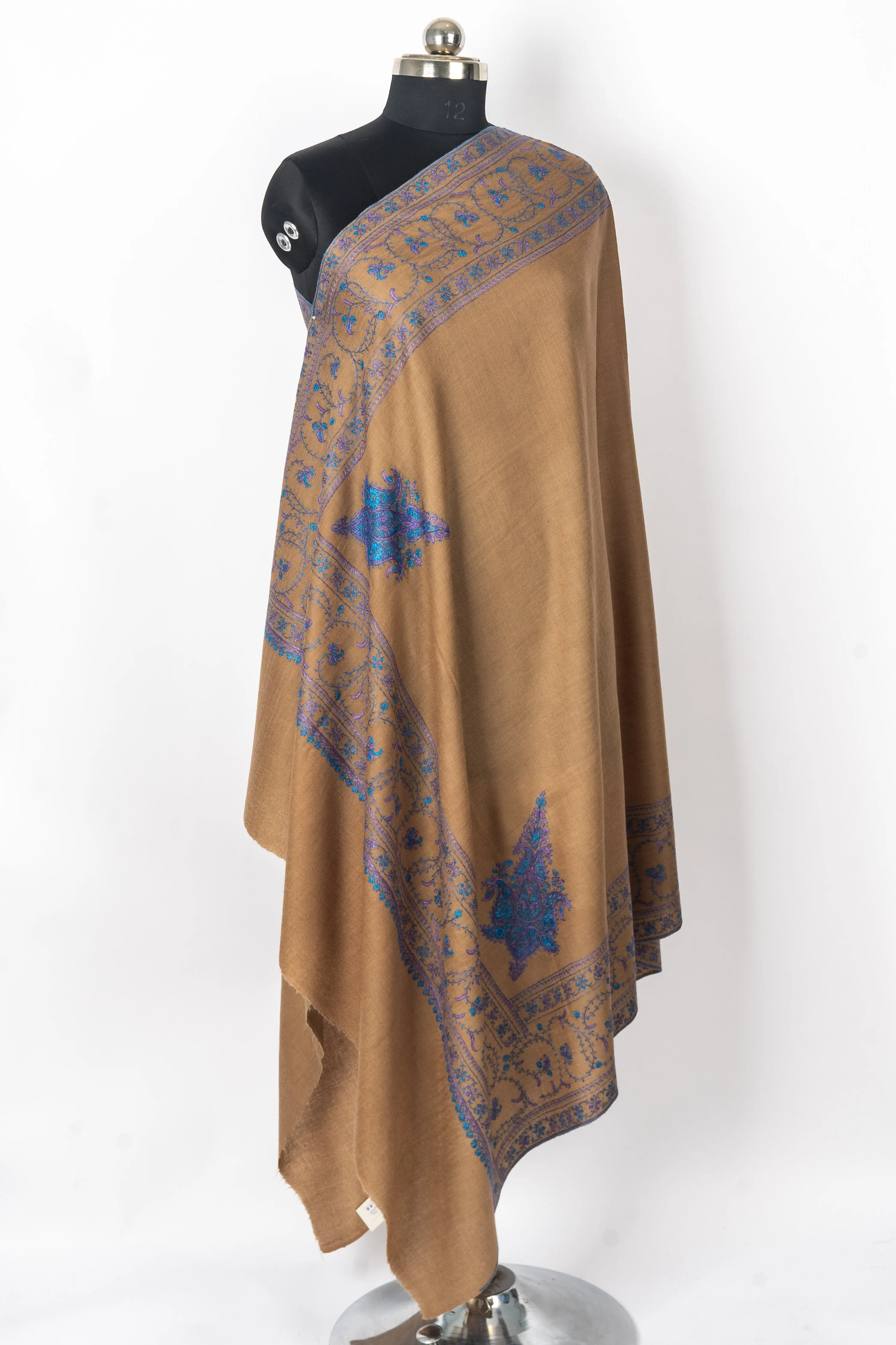 Royal Heritage: Hand-Embroidered Sozni Border Merino Wool Shawl in Caramel