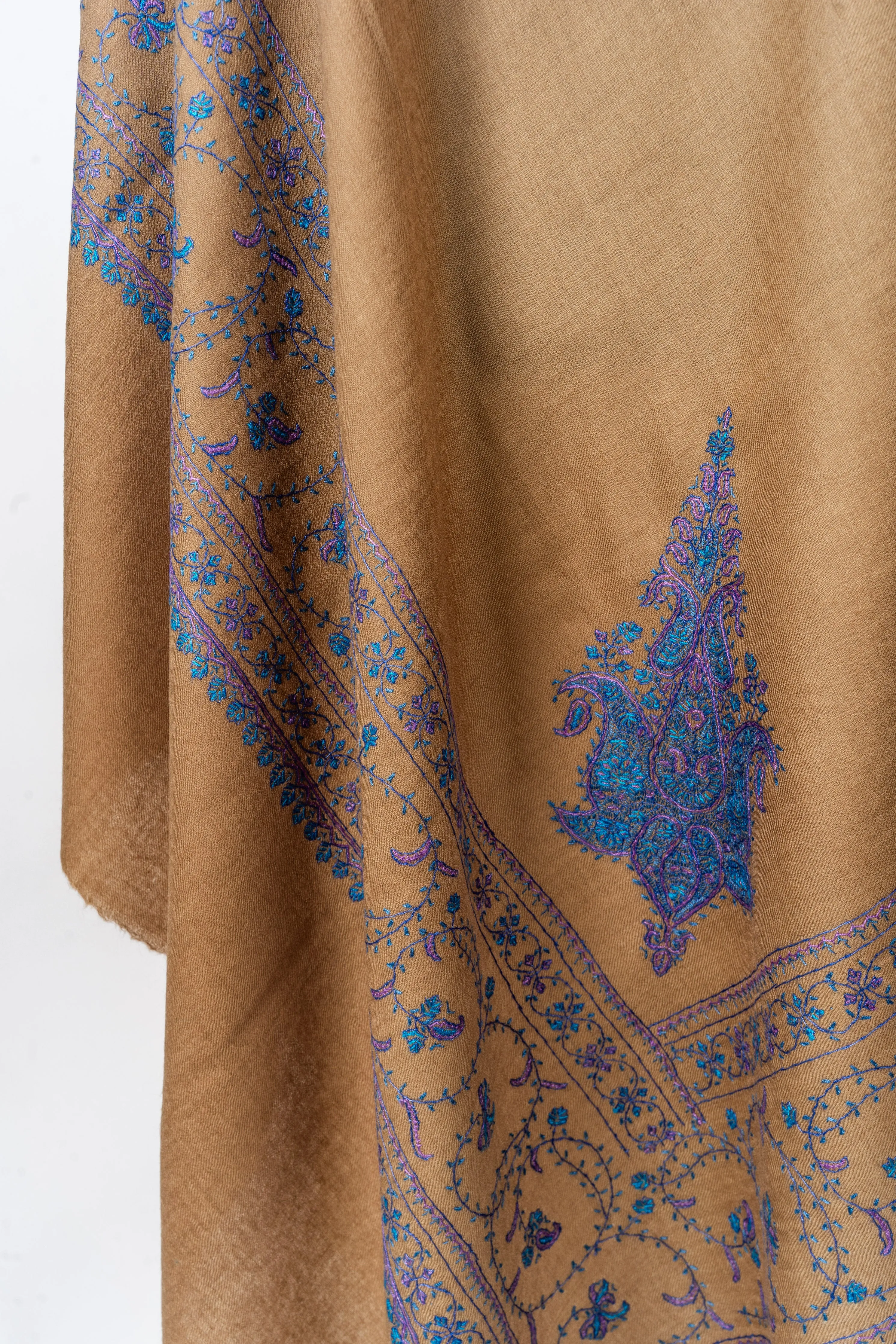 Royal Heritage: Hand-Embroidered Sozni Border Merino Wool Shawl in Caramel
