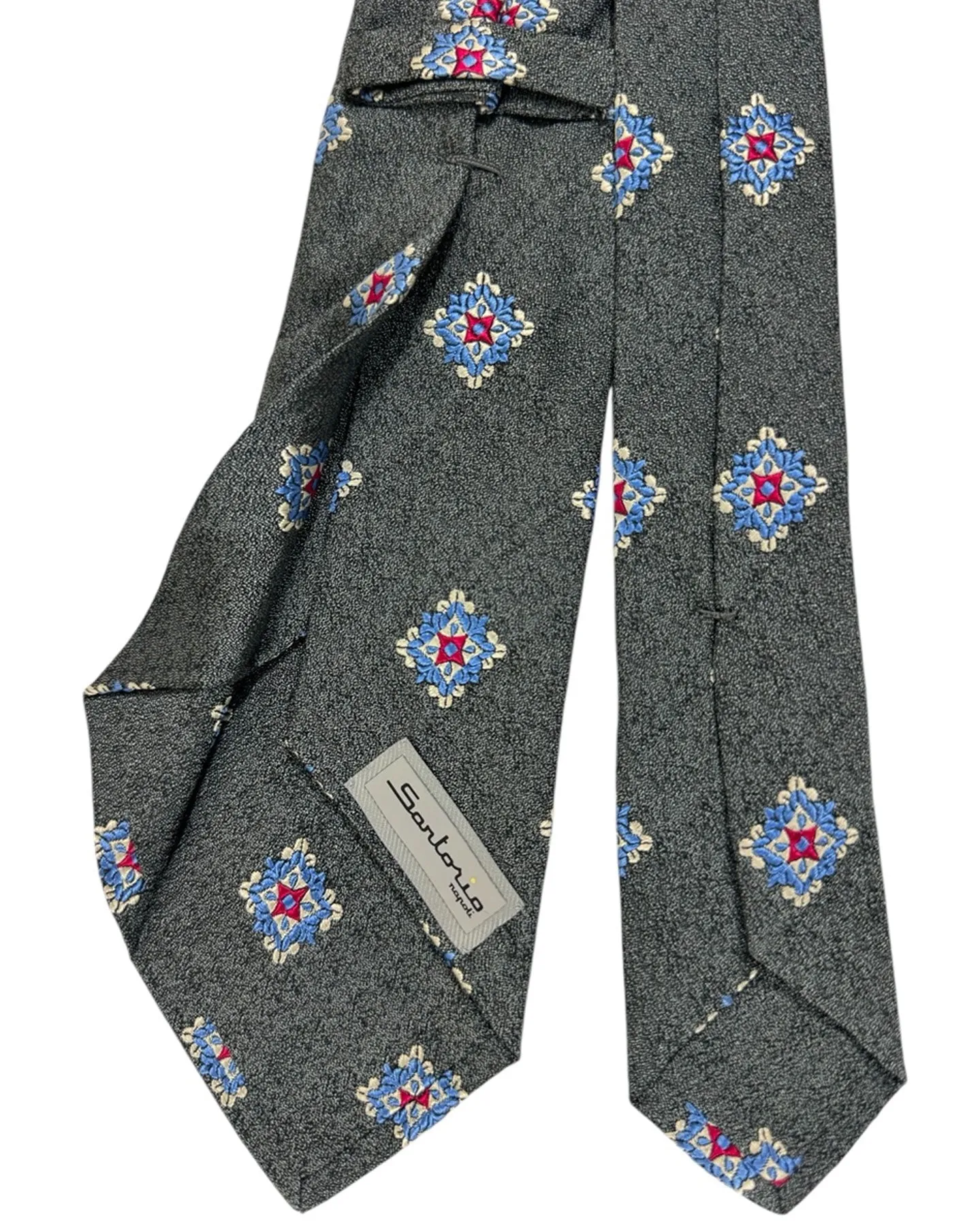 Sartorio Sevenfold Tie Gray Blue Red Medallion Design