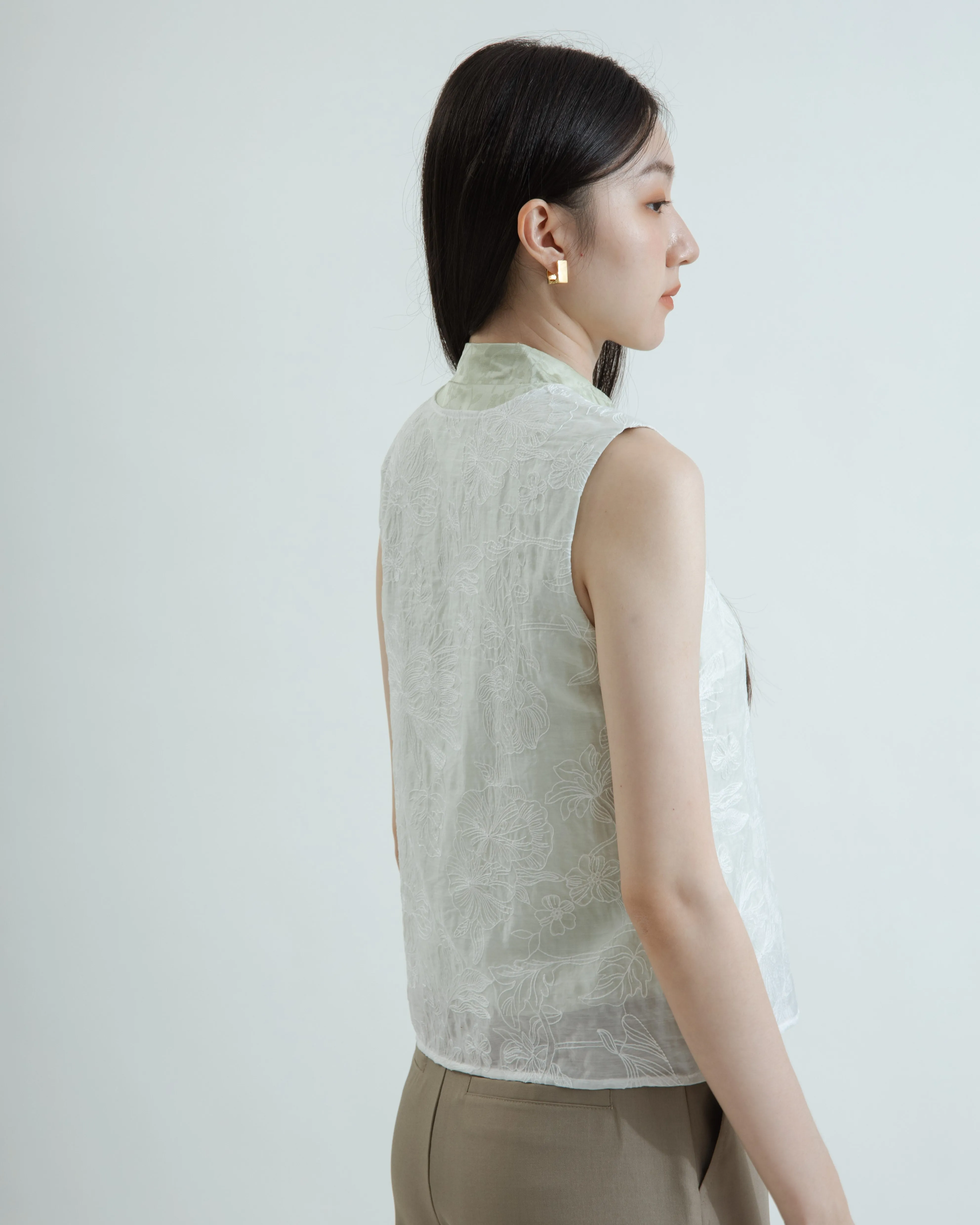 Sheer Layered Embroidery Cheongsam Top (Pastel Green)