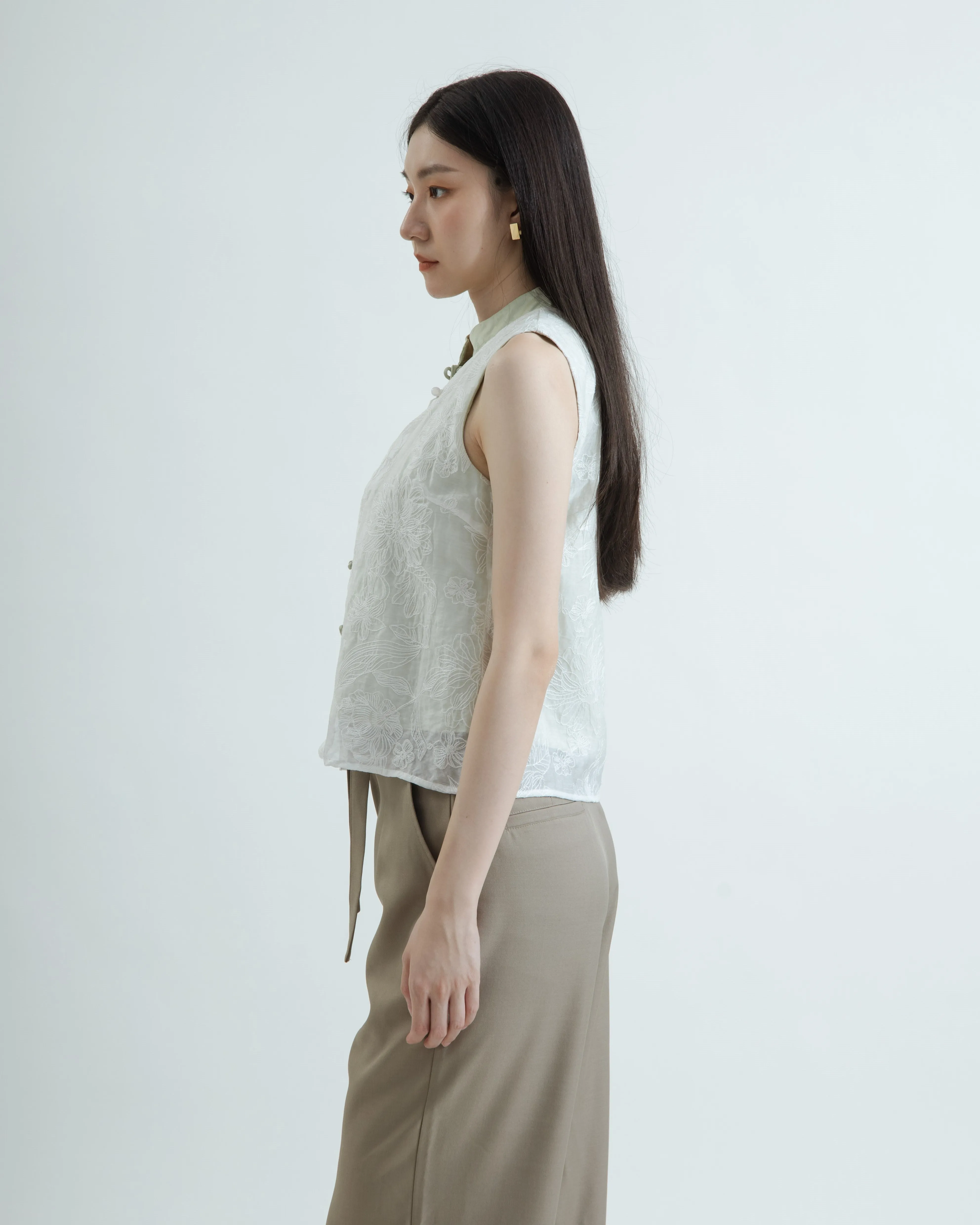 Sheer Layered Embroidery Cheongsam Top (Pastel Green)