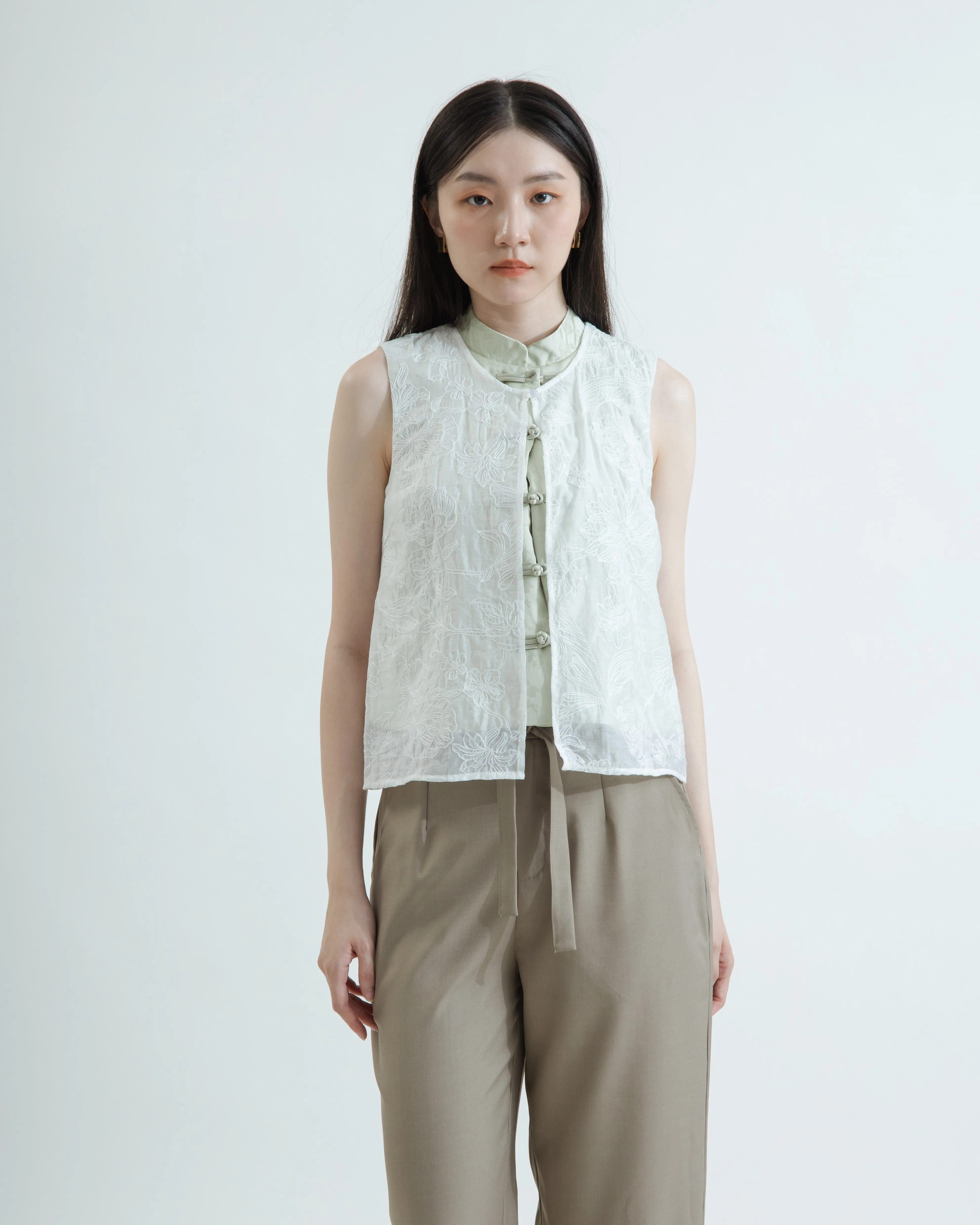 Sheer Layered Embroidery Cheongsam Top (Pastel Green)