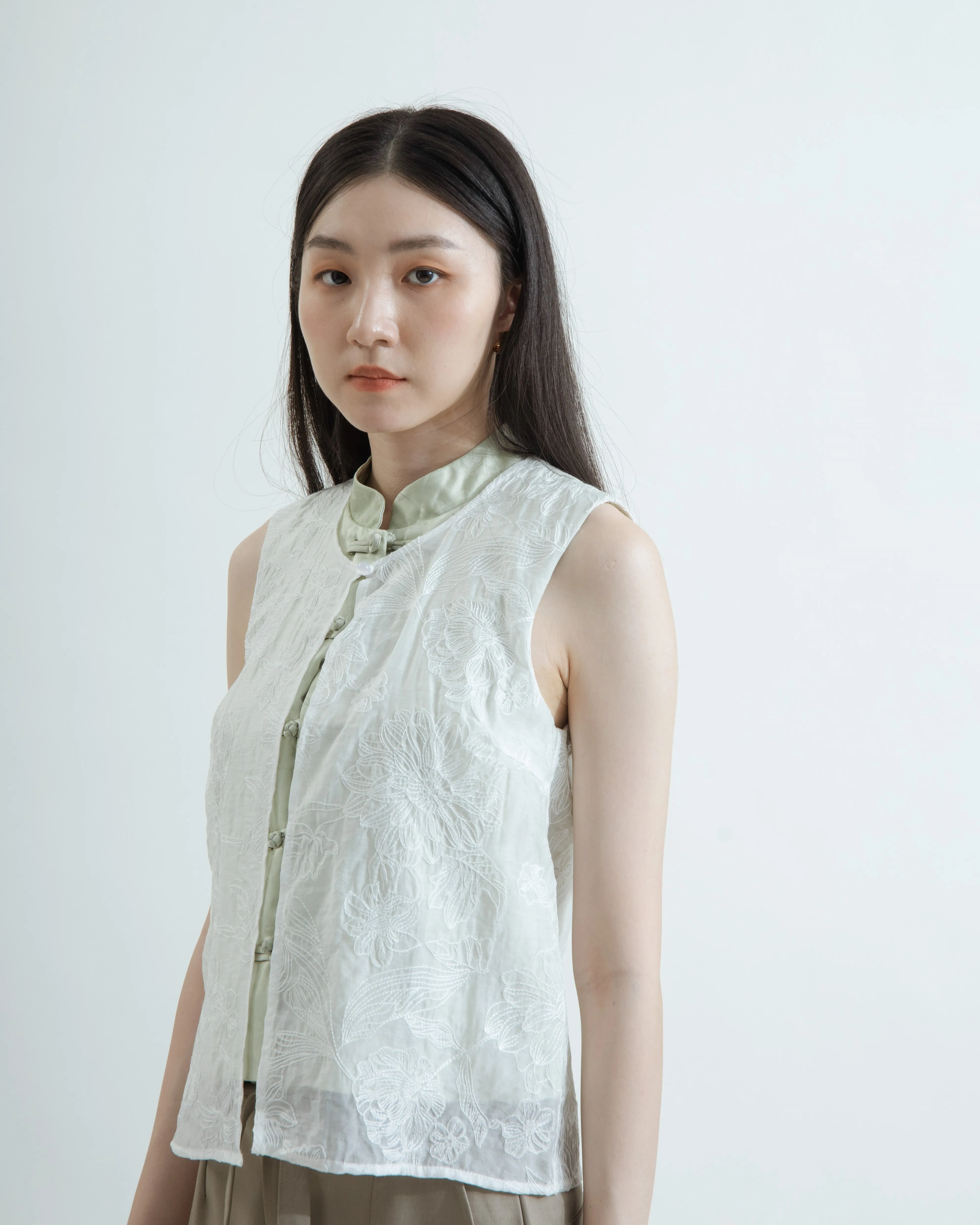 Sheer Layered Embroidery Cheongsam Top (Pastel Green)