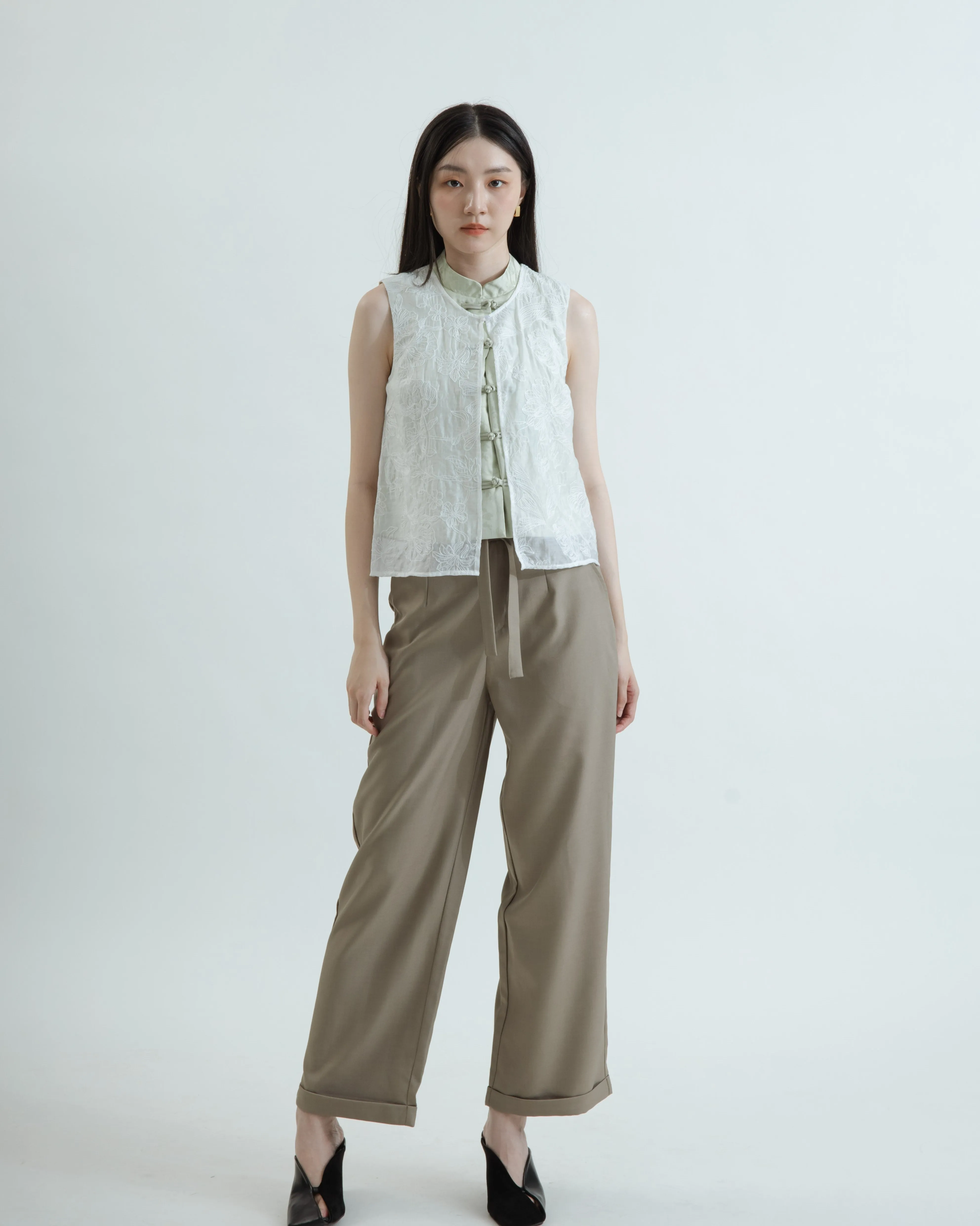 Sheer Layered Embroidery Cheongsam Top (Pastel Green)