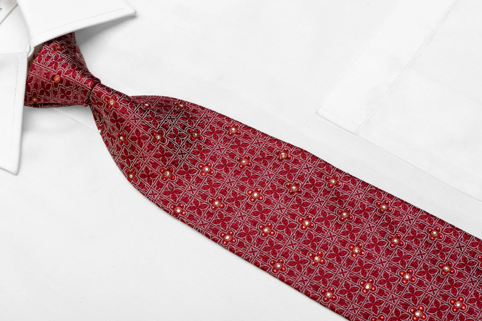 Silver Geometric On Burgundy Rhinestone Silk Necktie With Sparkles