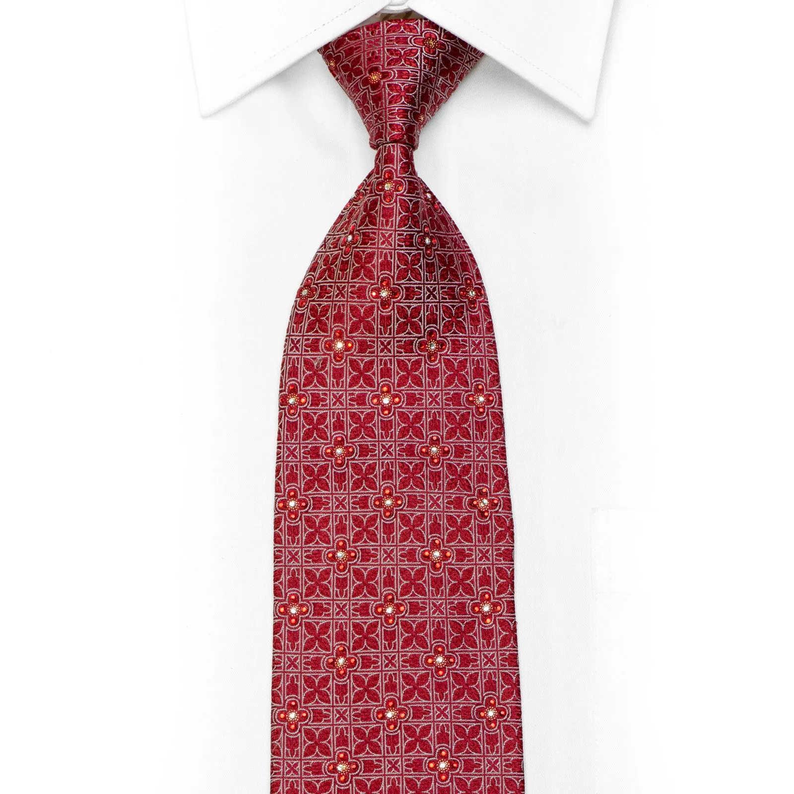 Silver Geometric On Burgundy Rhinestone Silk Necktie With Sparkles